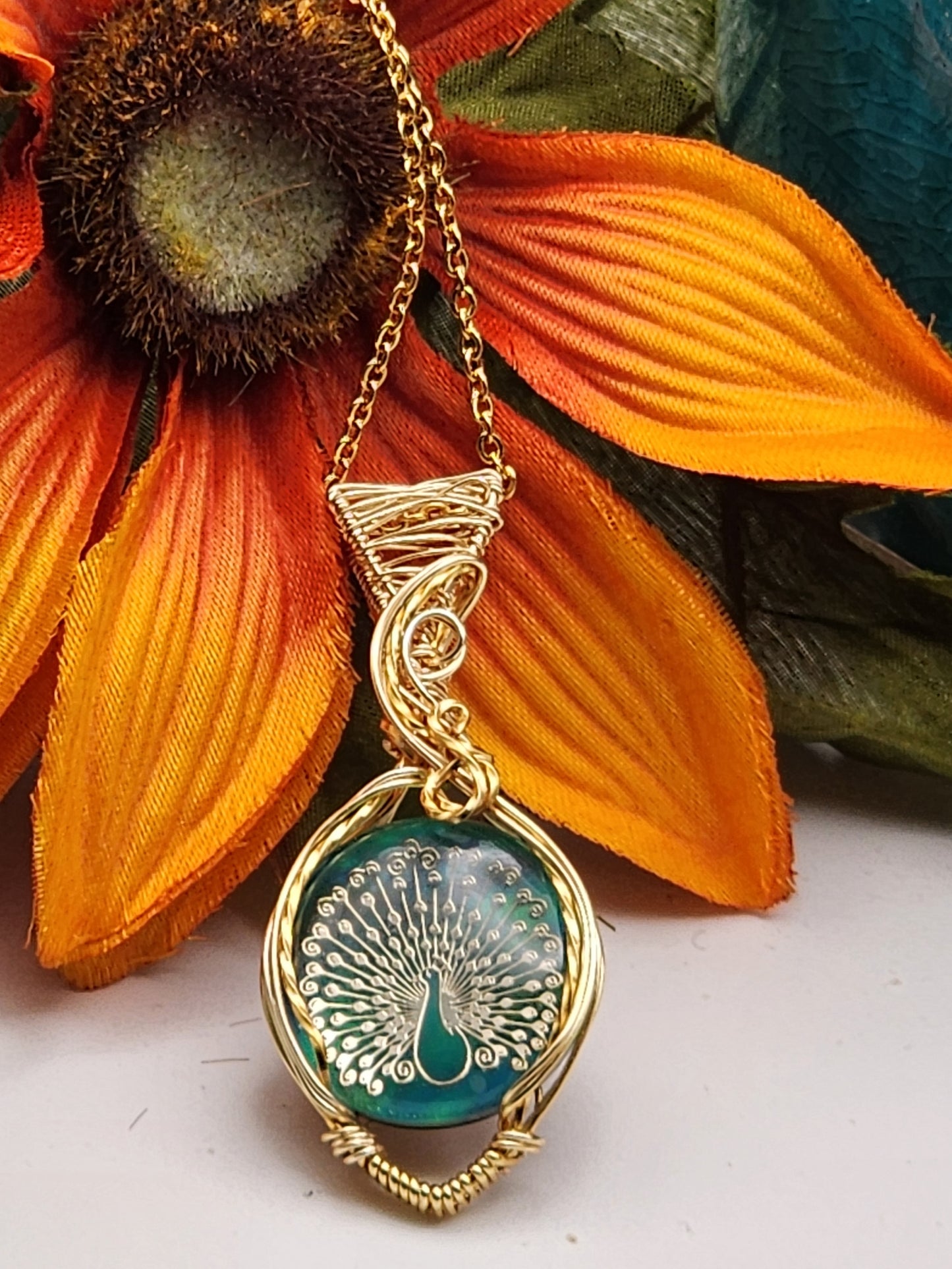 Aura Opal, Aura Opal Pendant, Peacock Inlay Pendant, Peacock Pendant, Gold Inlay Peacock