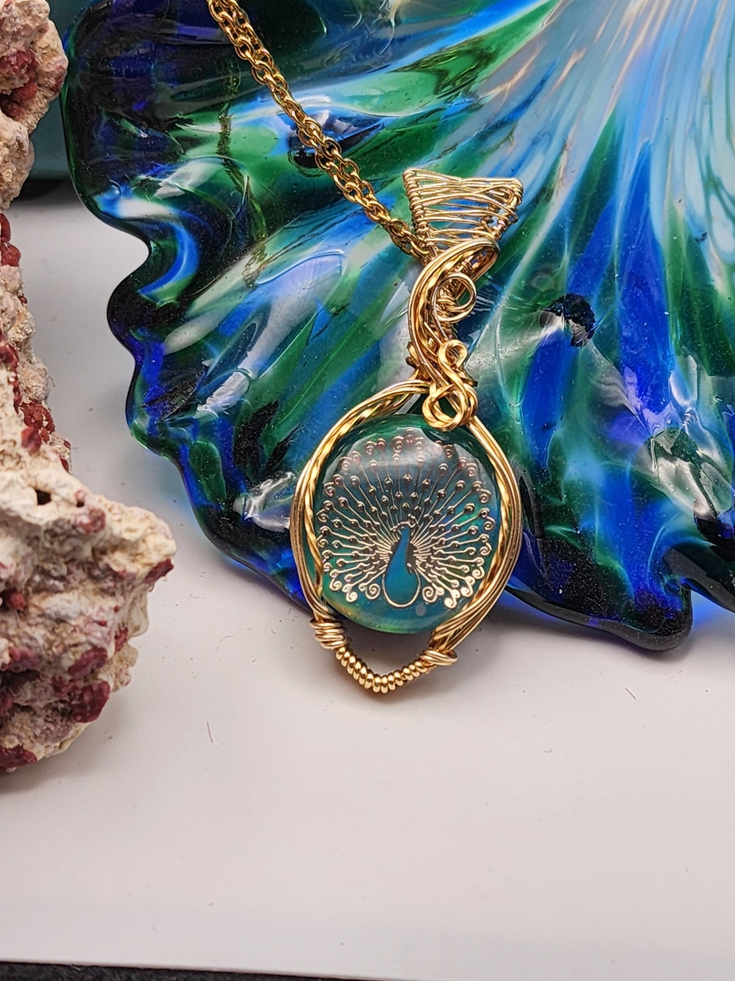 Aura Opal, Aura Opal Pendant, Peacock Inlay Pendant, Peacock Pendant, Gold Inlay Peacock