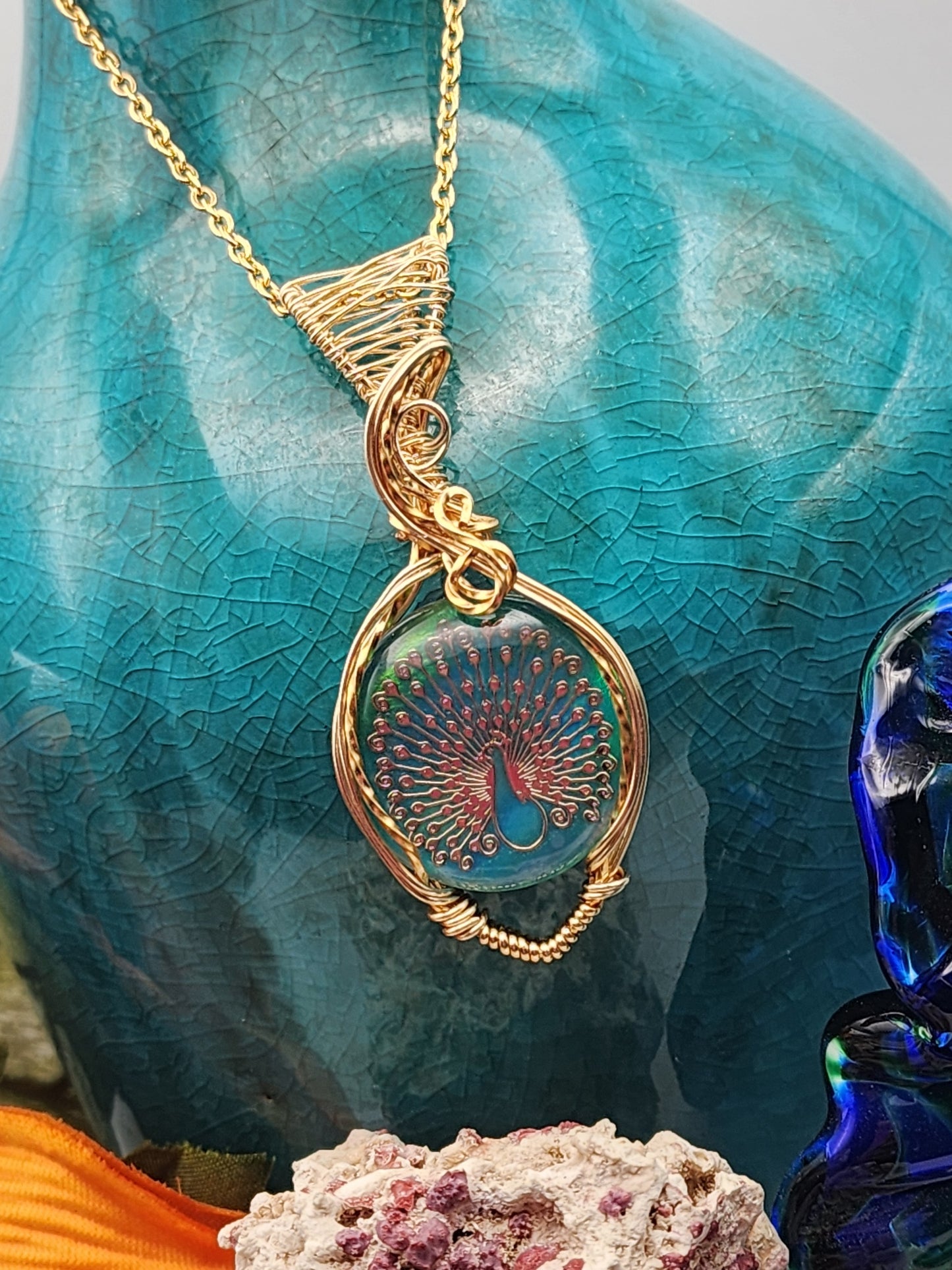 Aura Opal, Aura Opal Pendant, Peacock Inlay Pendant, Peacock Pendant, Gold Inlay Peacock