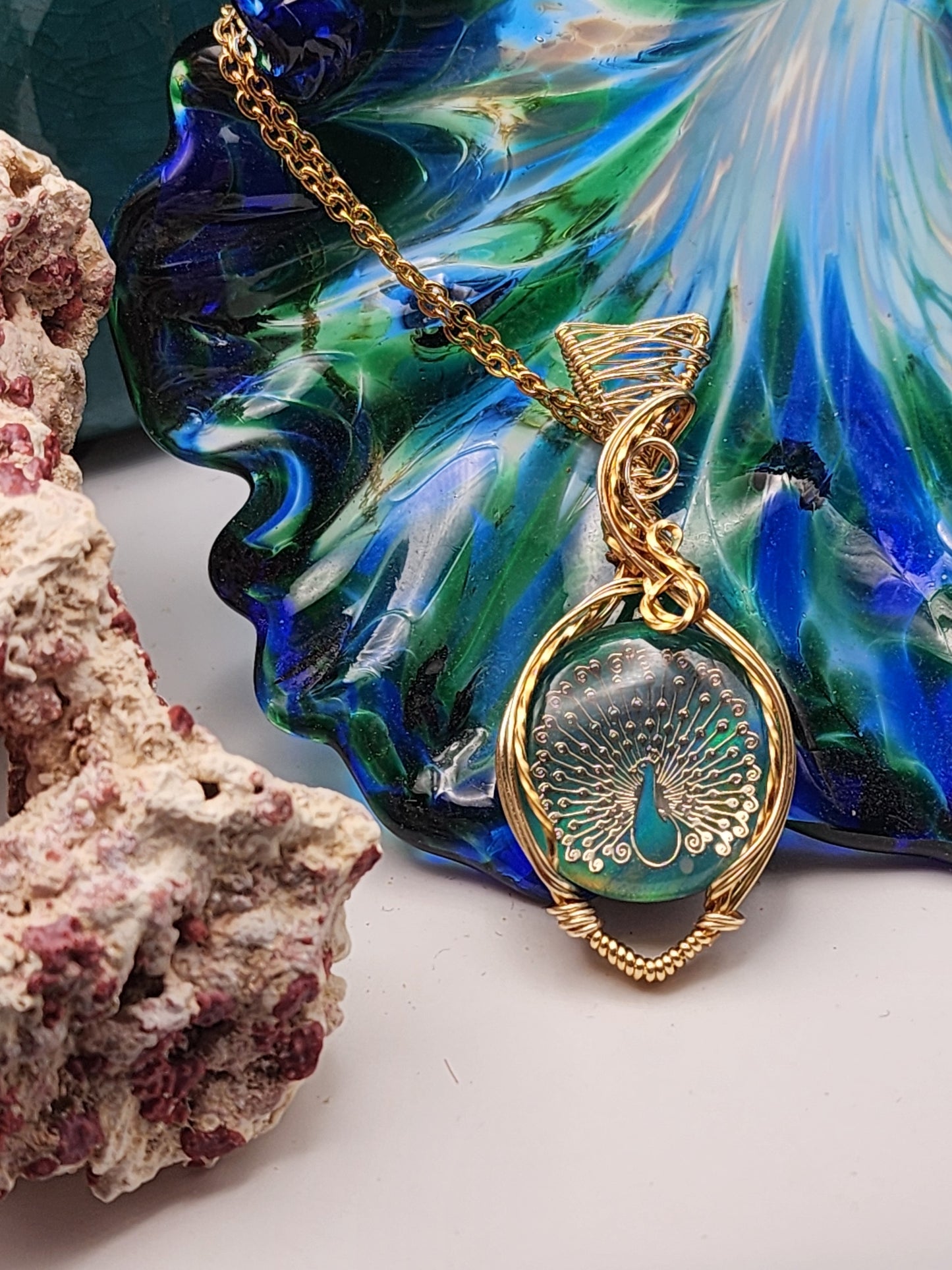 Aura Opal, Aura Opal Pendant, Peacock Inlay Pendant, Peacock Pendant, Gold Inlay Peacock