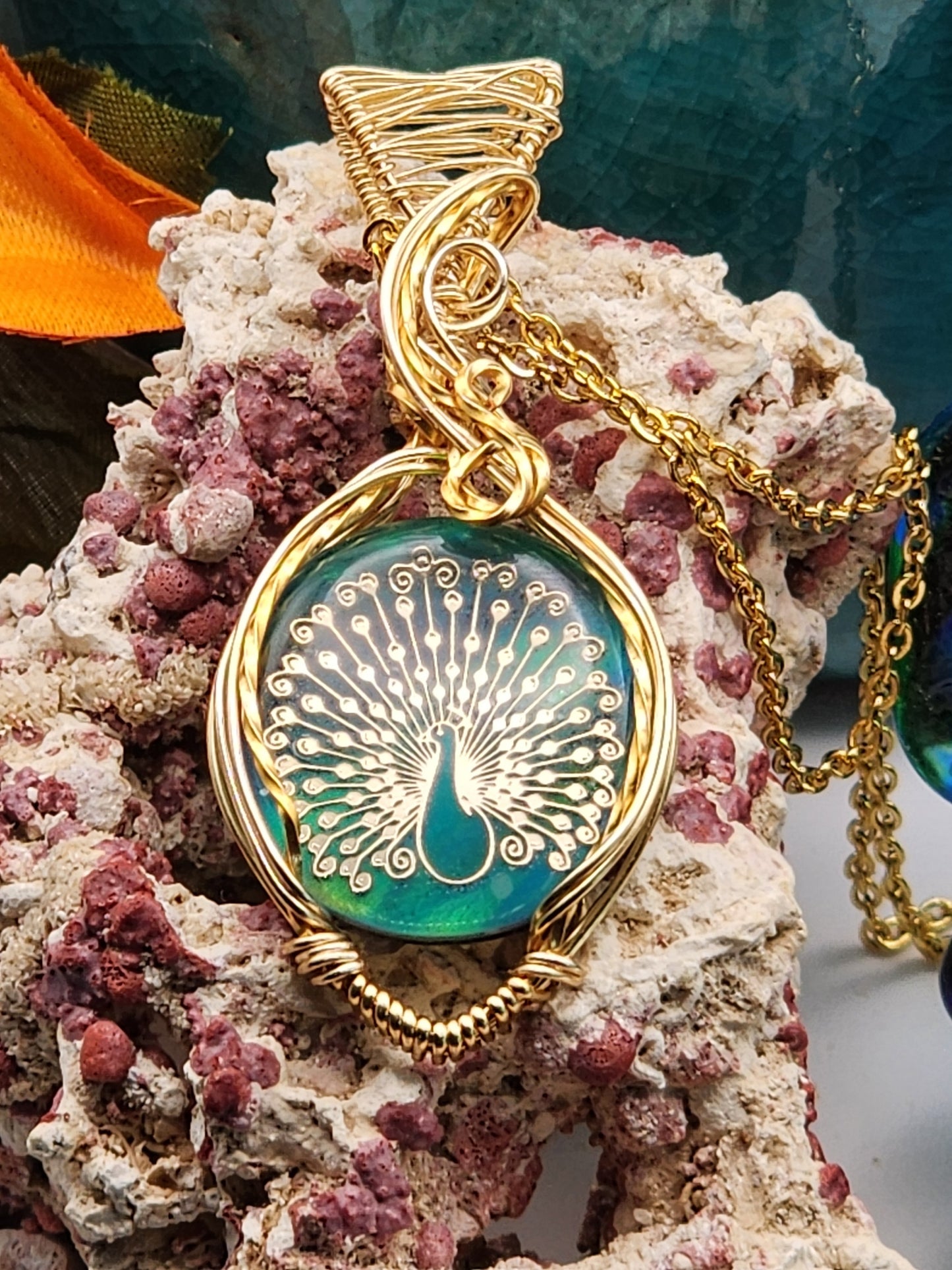 Aura Opal, Aura Opal Pendant, Peacock Inlay Pendant, Peacock Pendant, Gold Inlay Peacock