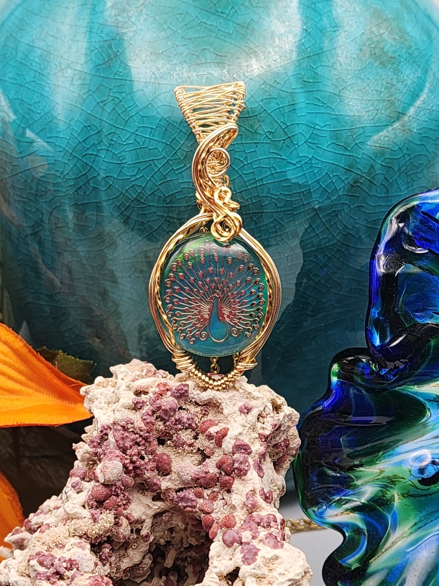 Aura Opal, Aura Opal Pendant, Peacock Inlay Pendant, Peacock Pendant, Gold Inlay Peacock