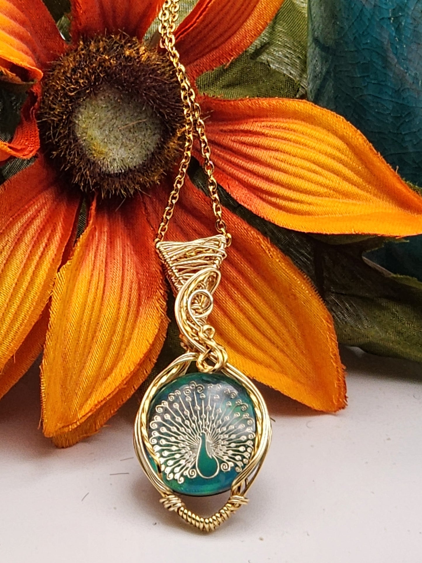 Aura Opal, Aura Opal Pendant, Peacock Inlay Pendant, Peacock Pendant, Gold Inlay Peacock