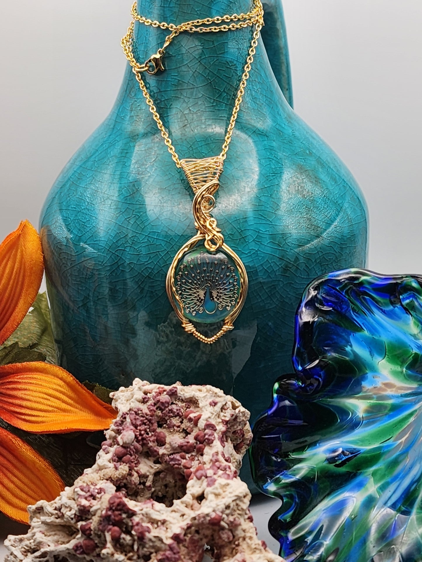 Aura Opal, Aura Opal Pendant, Peacock Inlay Pendant, Peacock Pendant, Gold Inlay Peacock