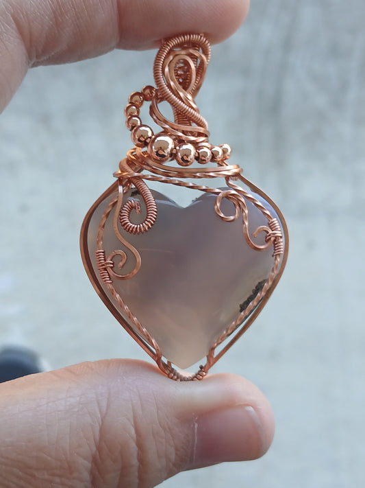 Purple Moss Agate Heart Copper Wire Wrapped Pendant