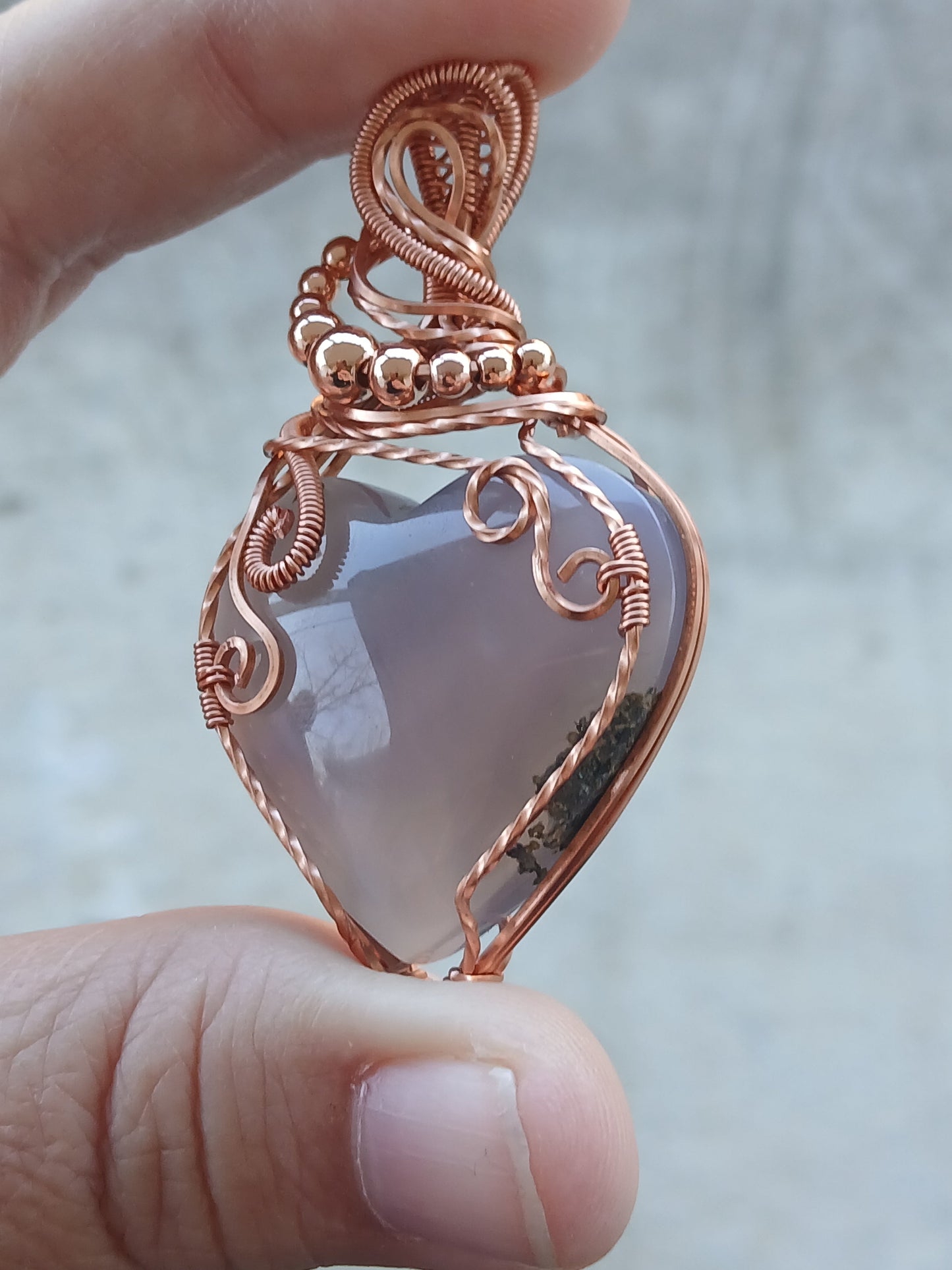 Purple Moss Agate Heart Copper Wire Wrapped Pendant