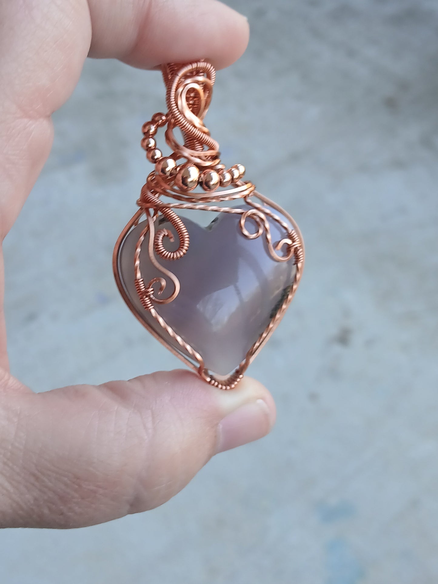 Purple Moss Agate Heart Copper Wire Wrapped Pendant