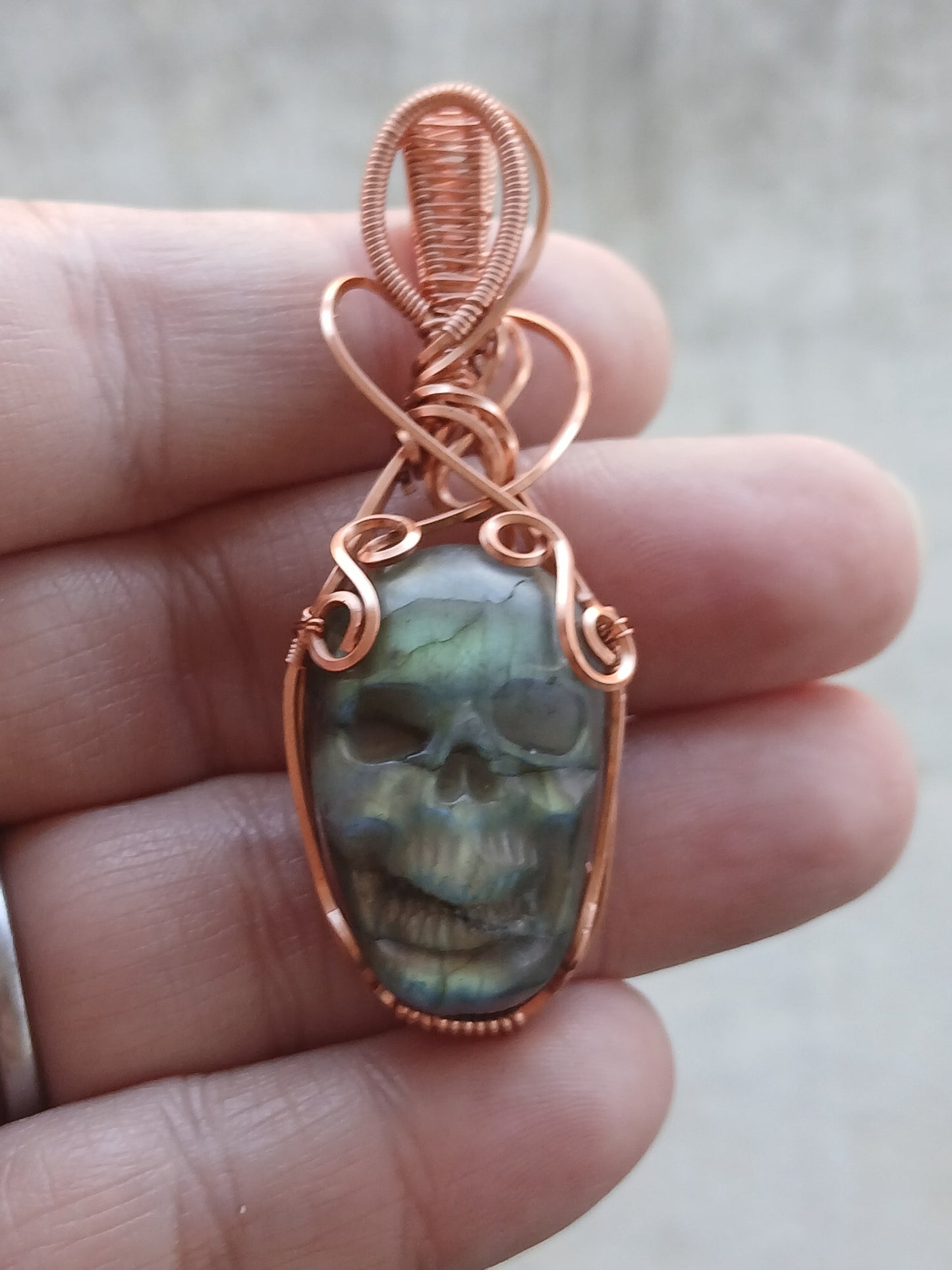 Green Labradorite Skull w/ Copper Wire Wrapped Pendant