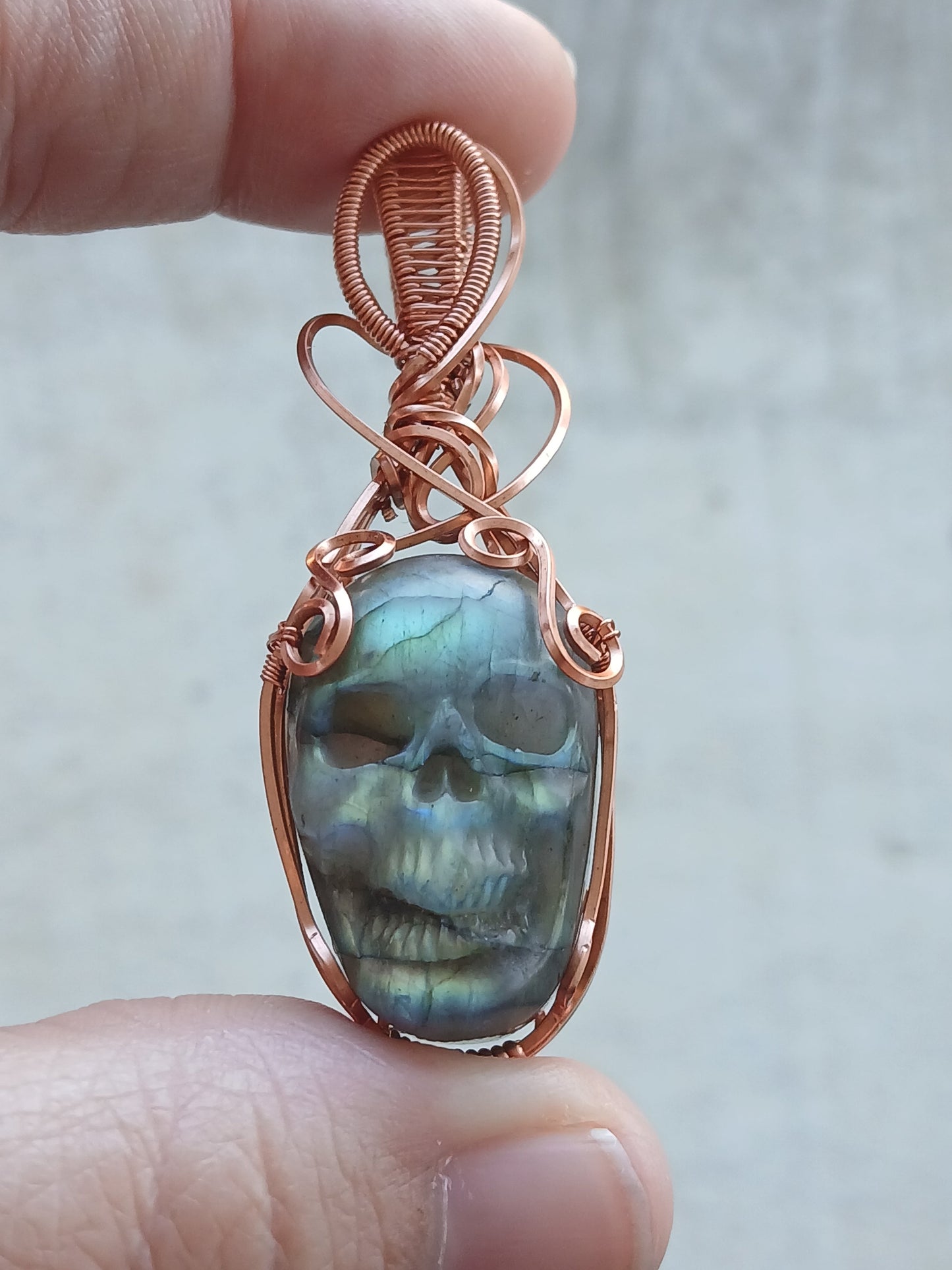 Green Labradorite Skull w/ Copper Wire Wrapped Pendant