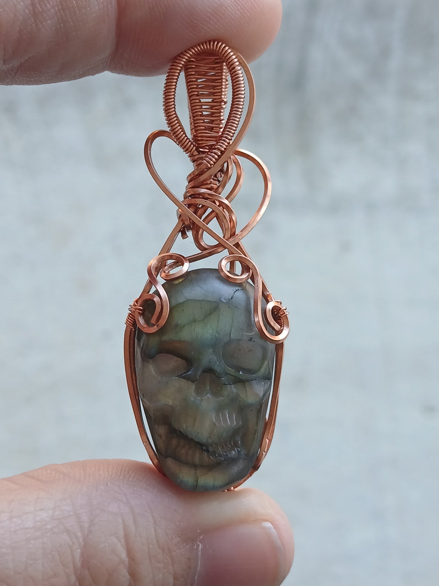 Green Labradorite Skull w/ Copper Wire Wrapped Pendant