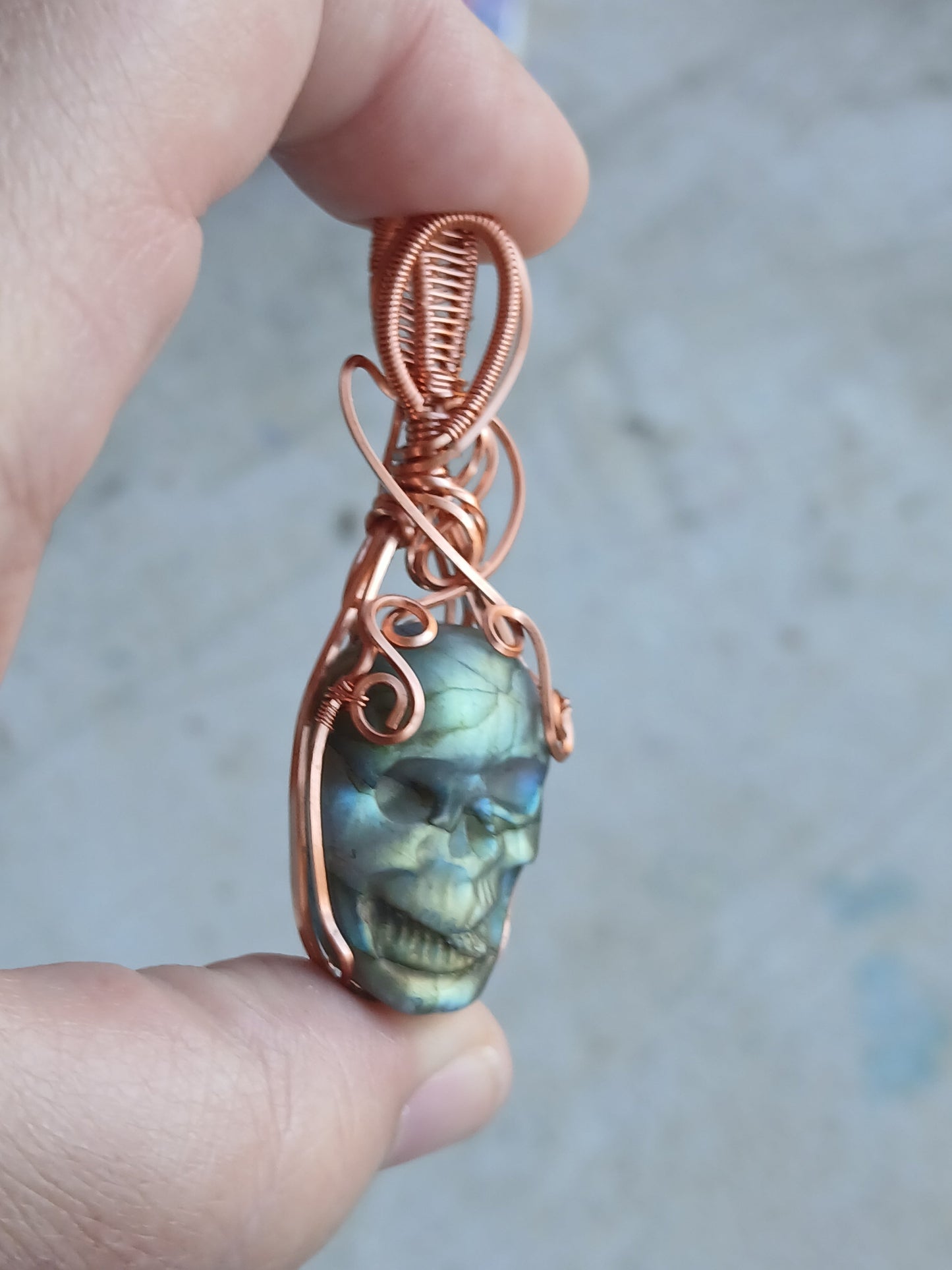 Green Labradorite Skull w/ Copper Wire Wrapped Pendant