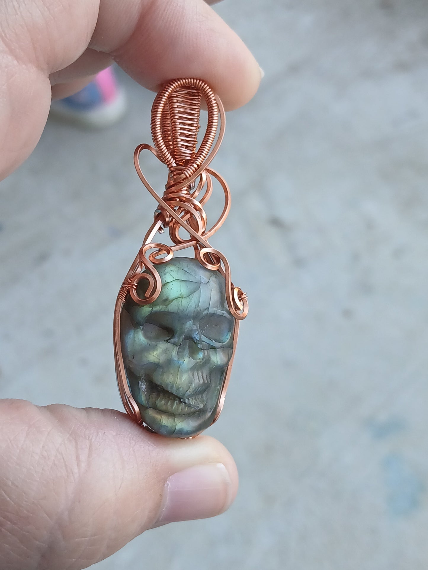 Green Labradorite Skull w/ Copper Wire Wrapped Pendant