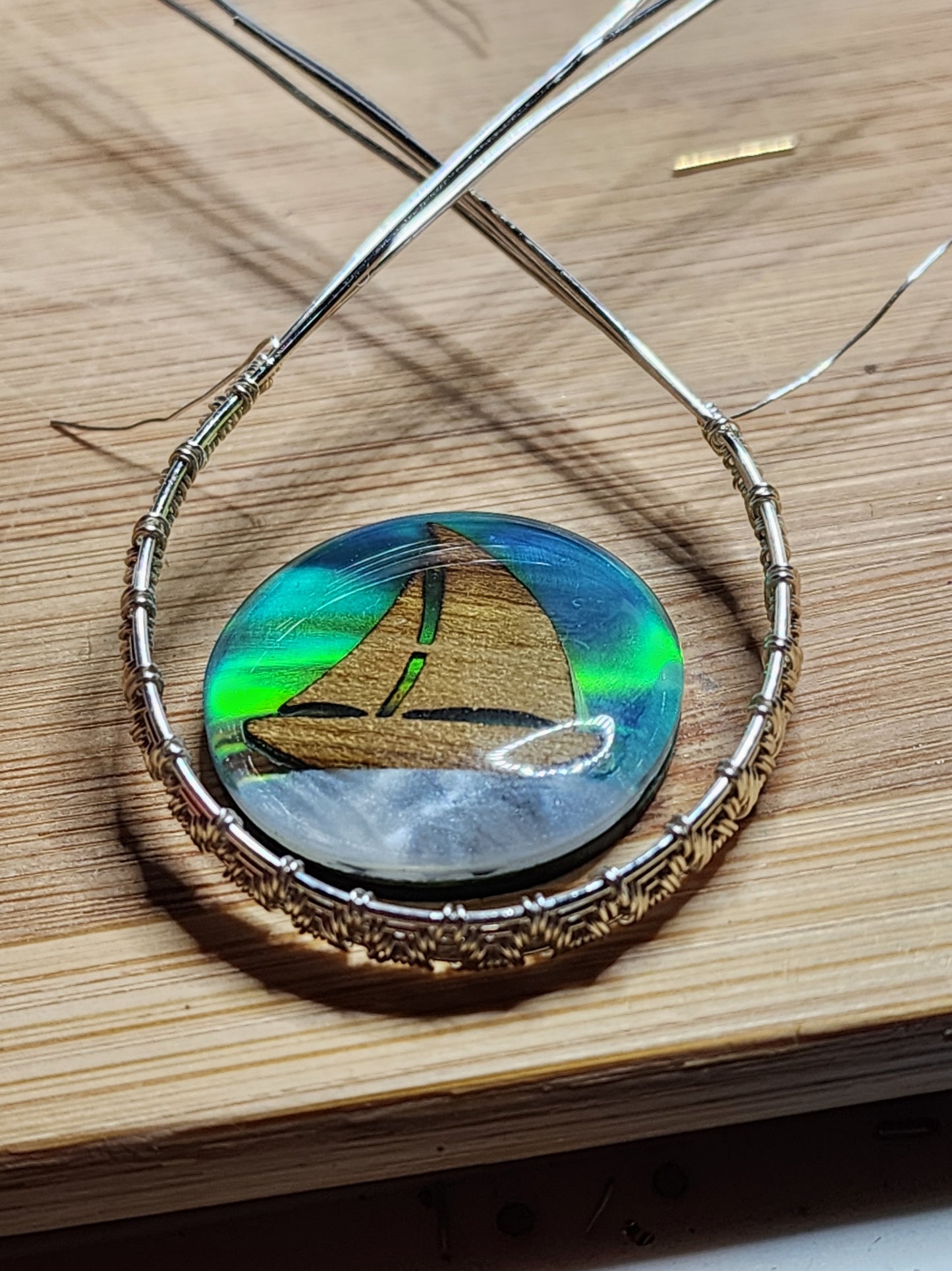 Aura Opal, Aura Opal Pendant, Sailboat, Sailboat Wood Inlay, Sailboat Pendant, Mother of Pearl