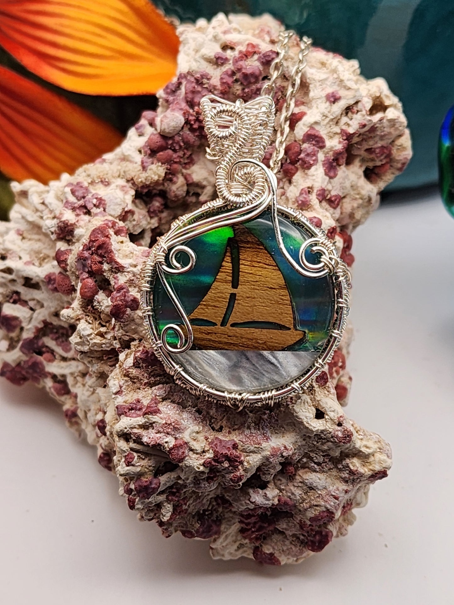 Aura Opal, Aura Opal Pendant, Sailboat, Sailboat Wood Inlay, Sailboat Pendant, Mother of Pearl