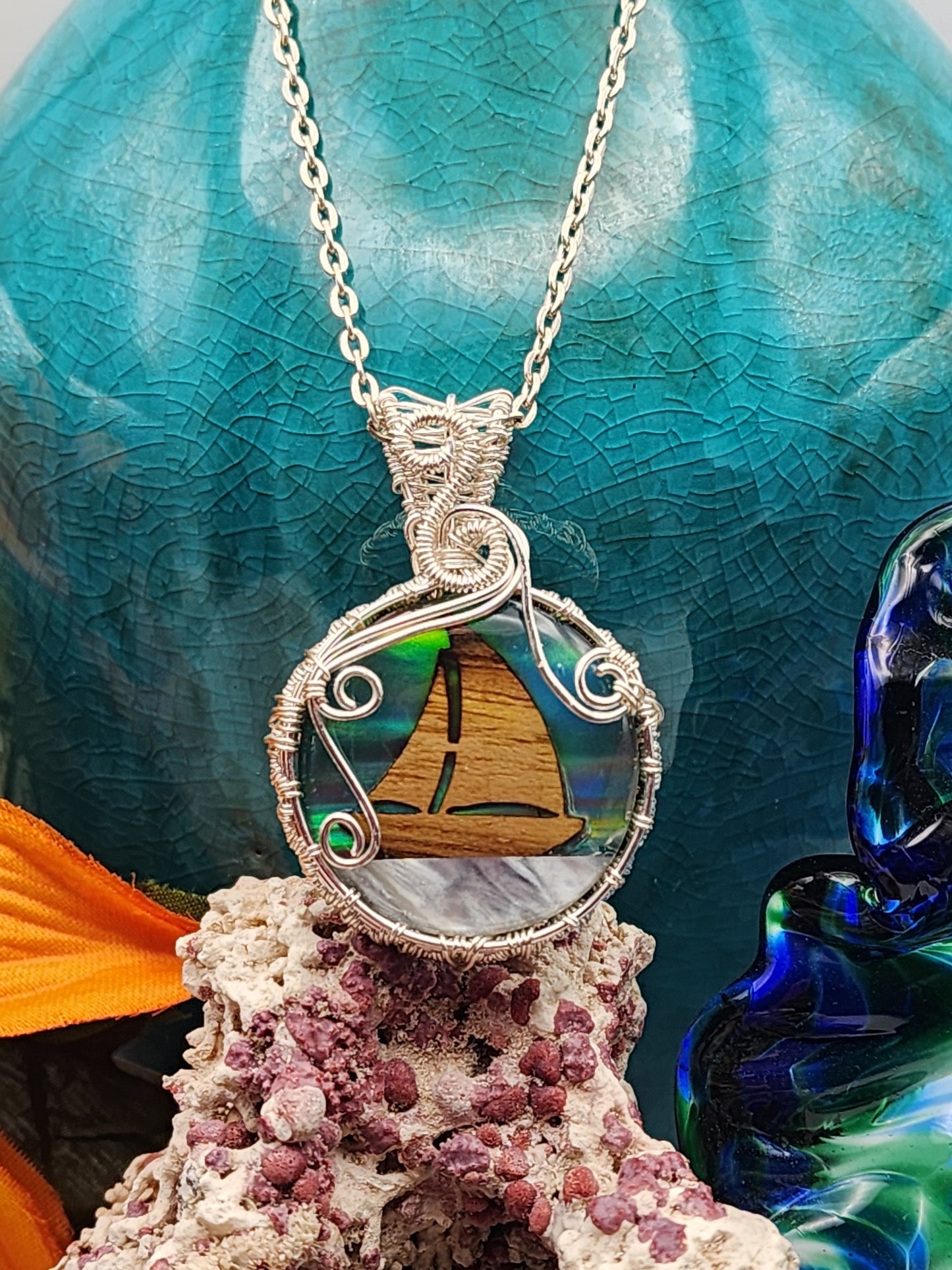 Aura Opal, Aura Opal Pendant, Sailboat, Sailboat Wood Inlay, Sailboat Pendant, Mother of Pearl