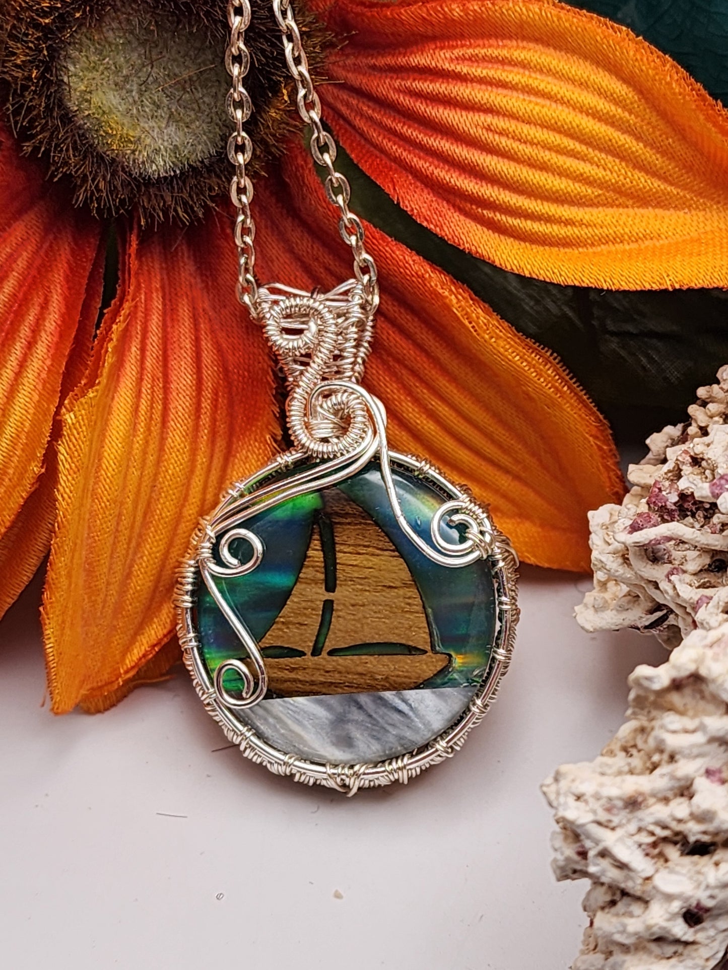 Aura Opal, Aura Opal Pendant, Sailboat, Sailboat Wood Inlay, Sailboat Pendant, Mother of Pearl