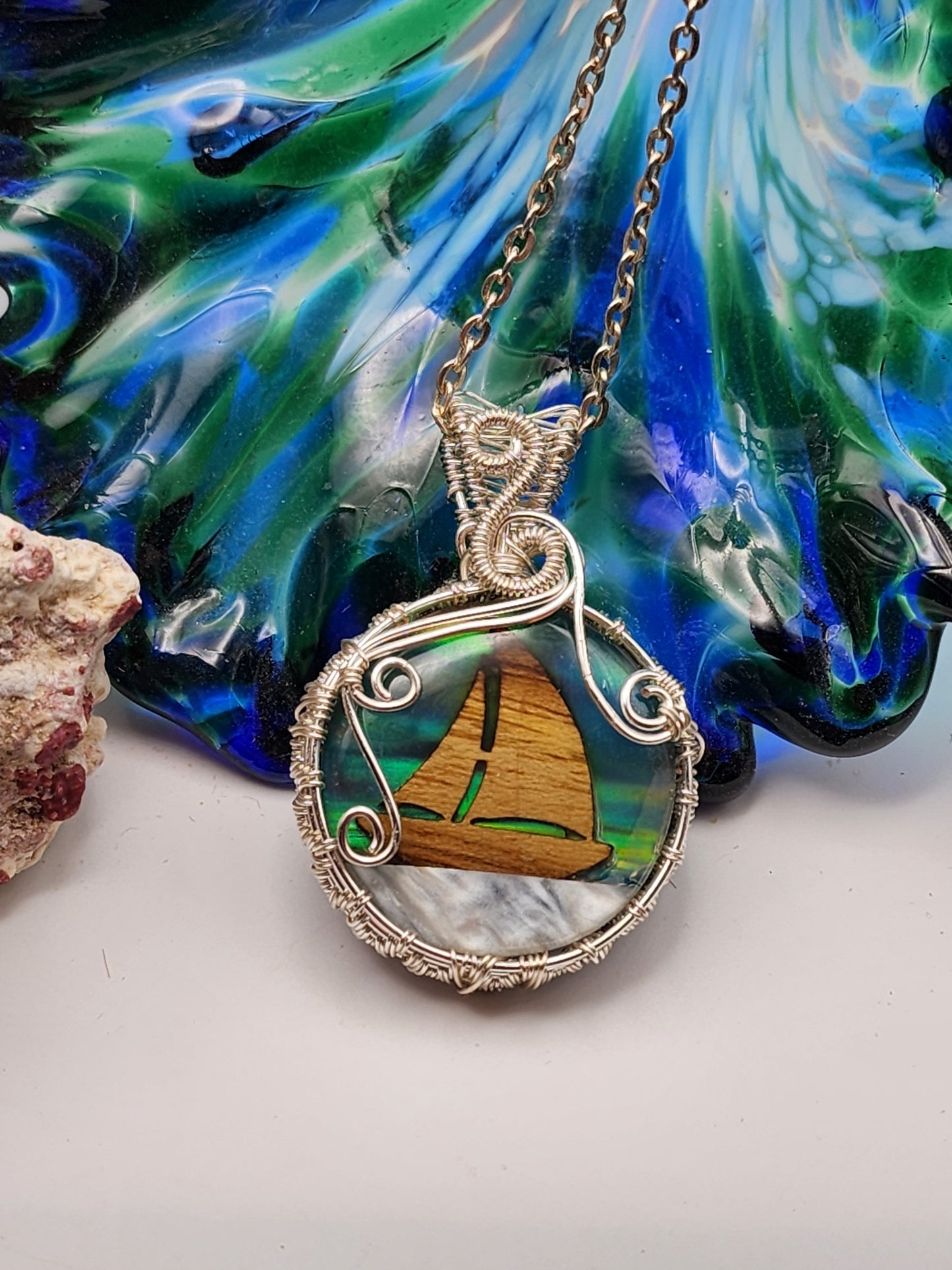 Aura Opal, Aura Opal Pendant, Sailboat, Sailboat Wood Inlay, Sailboat Pendant, Mother of Pearl