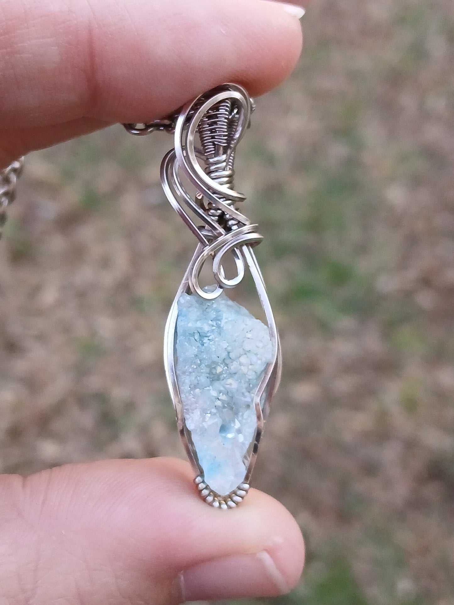 Aqua Aura Druzy Titanium Wire Wrapped Pendant