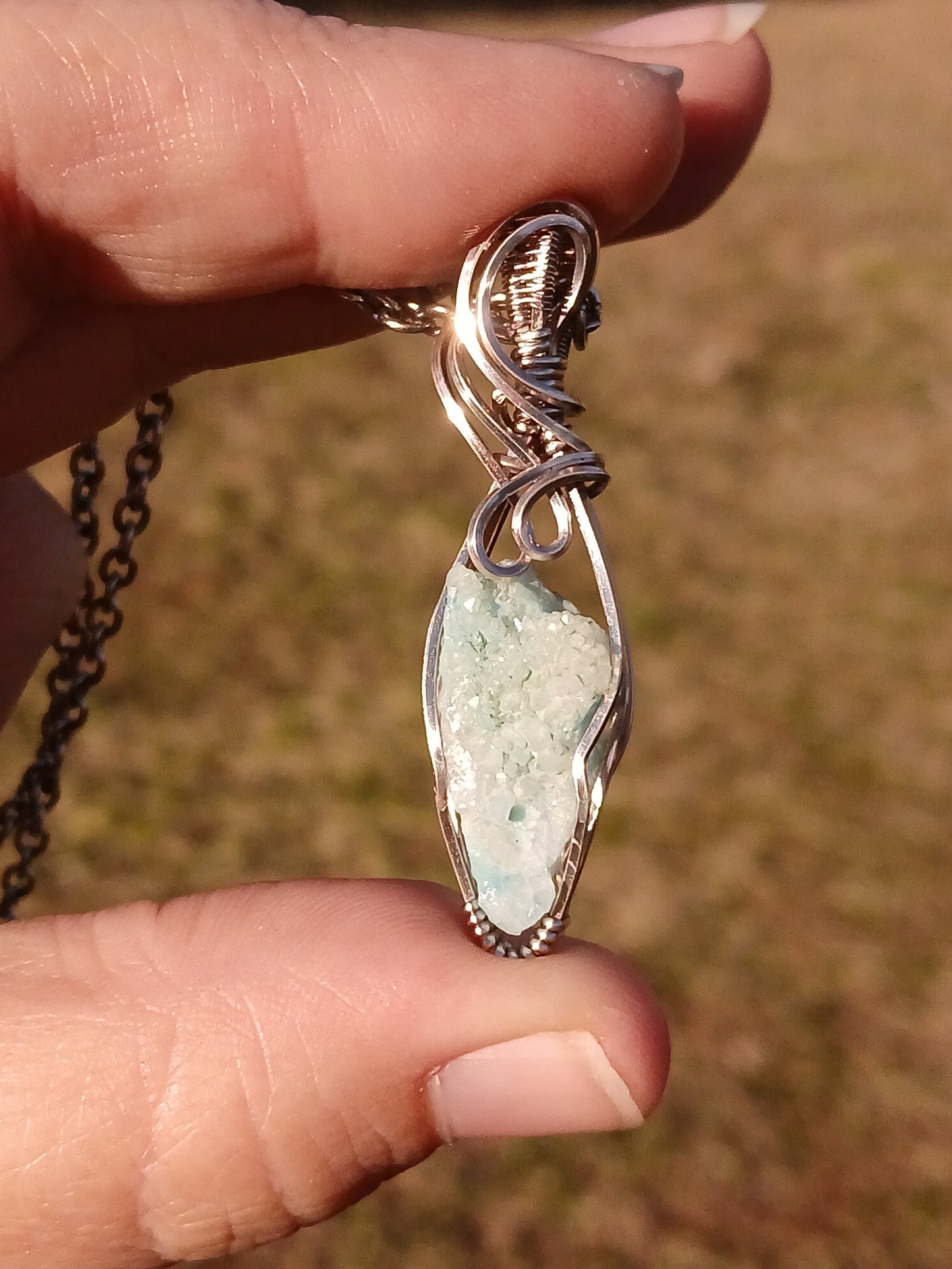 Aqua Aura Druzy Titanium Wire Wrapped Pendant