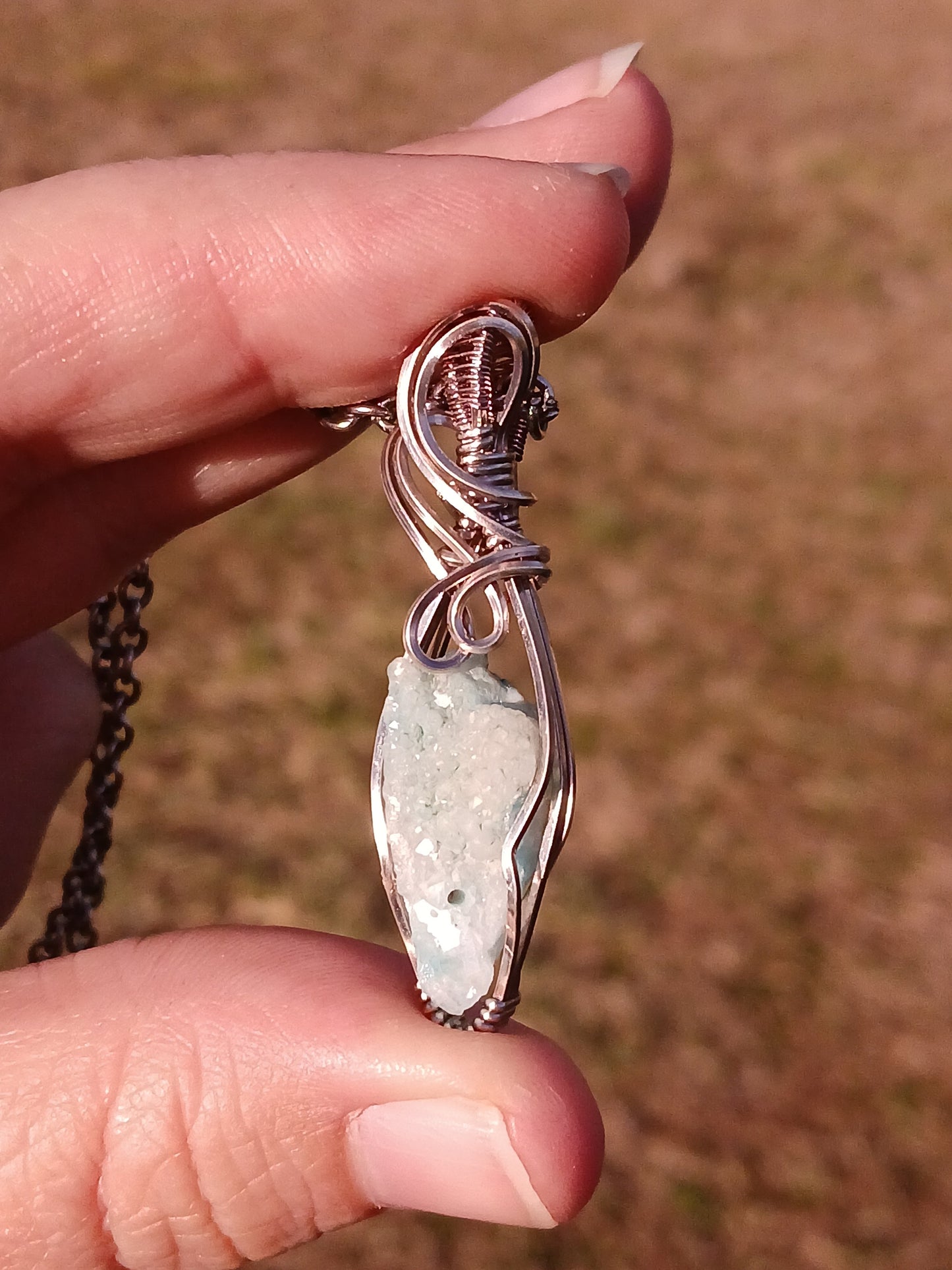 Aqua Aura Druzy Titanium Wire Wrapped Pendant