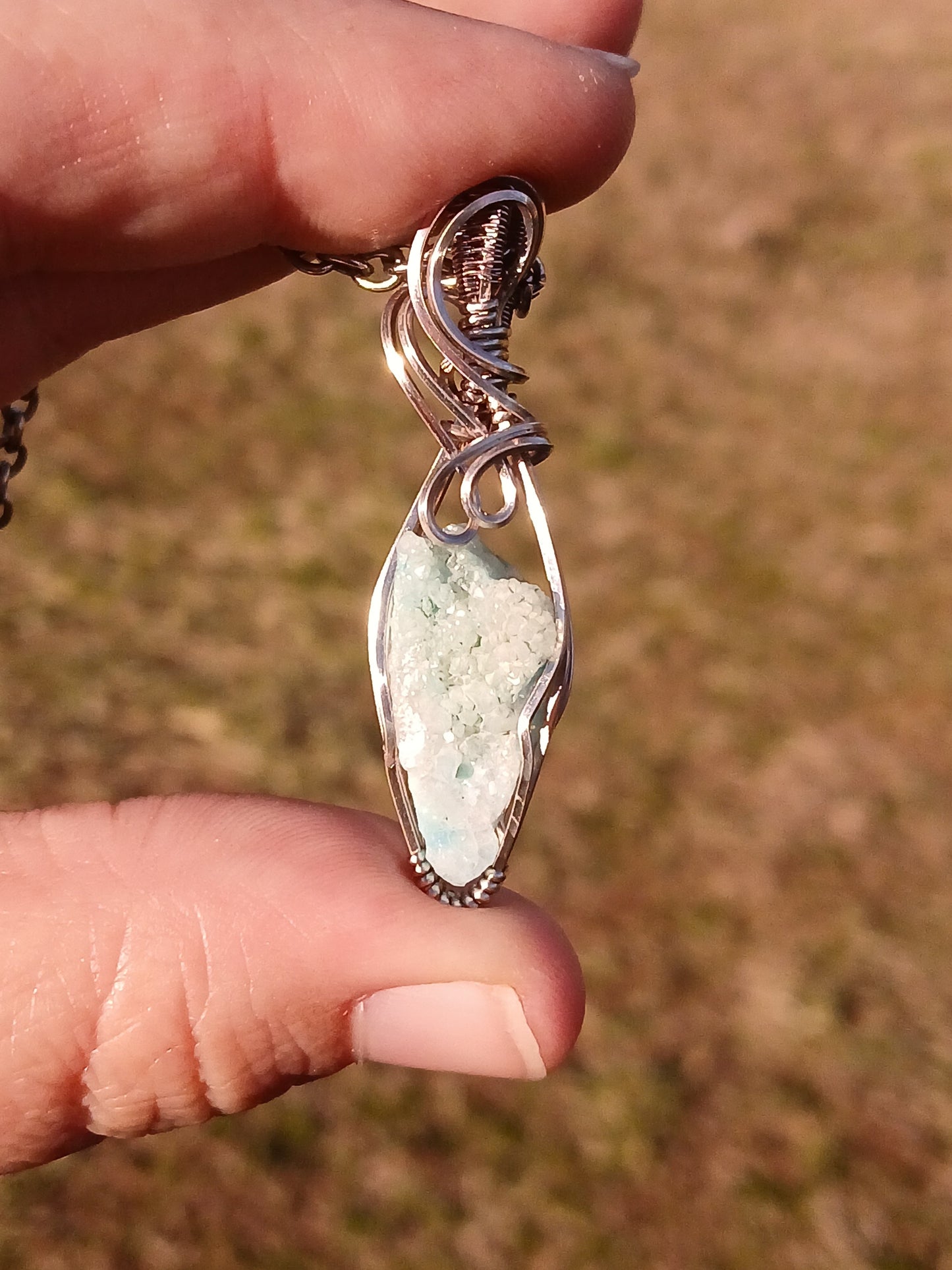 Aqua Aura Druzy Titanium Wire Wrapped Pendant