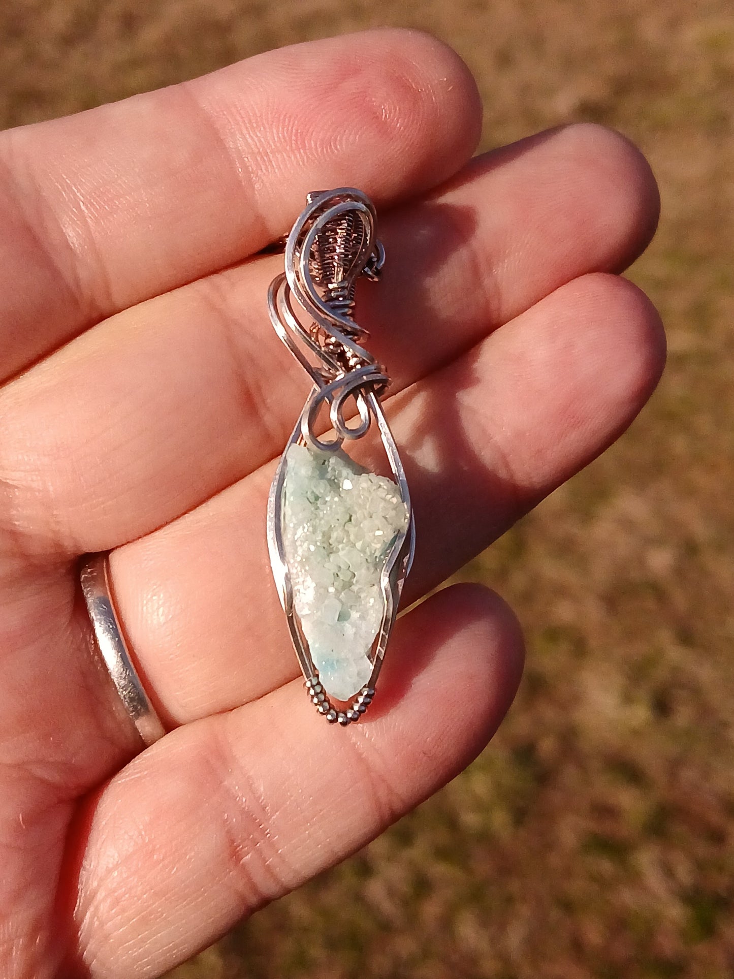 Aqua Aura Druzy Titanium Wire Wrapped Pendant