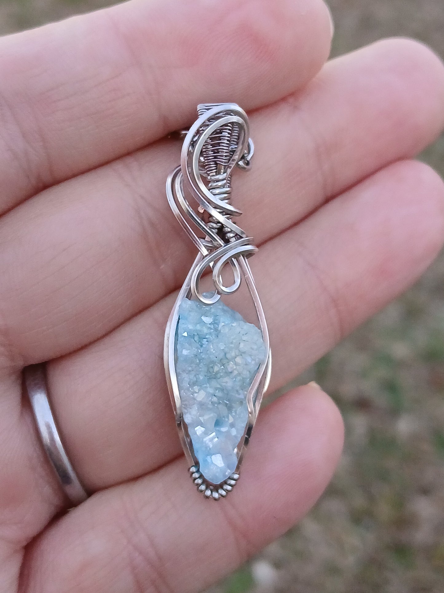 Aqua Aura Druzy Titanium Wire Wrapped Pendant