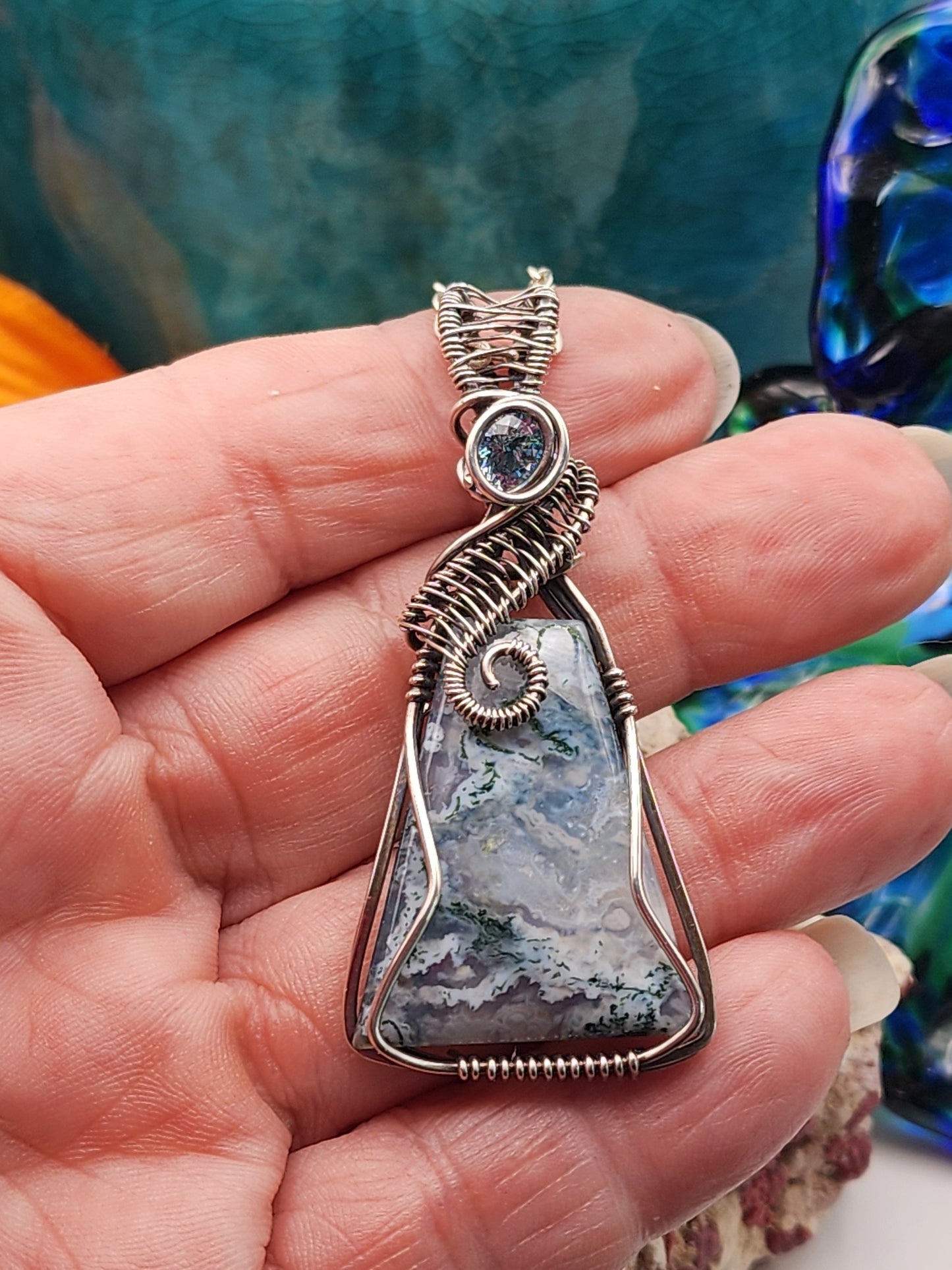 Moss Agate, Moss Agate Pendant, CZ Pendant, Moss Agate Jewelry, Sterling Silver, Sterling Silver Pendant