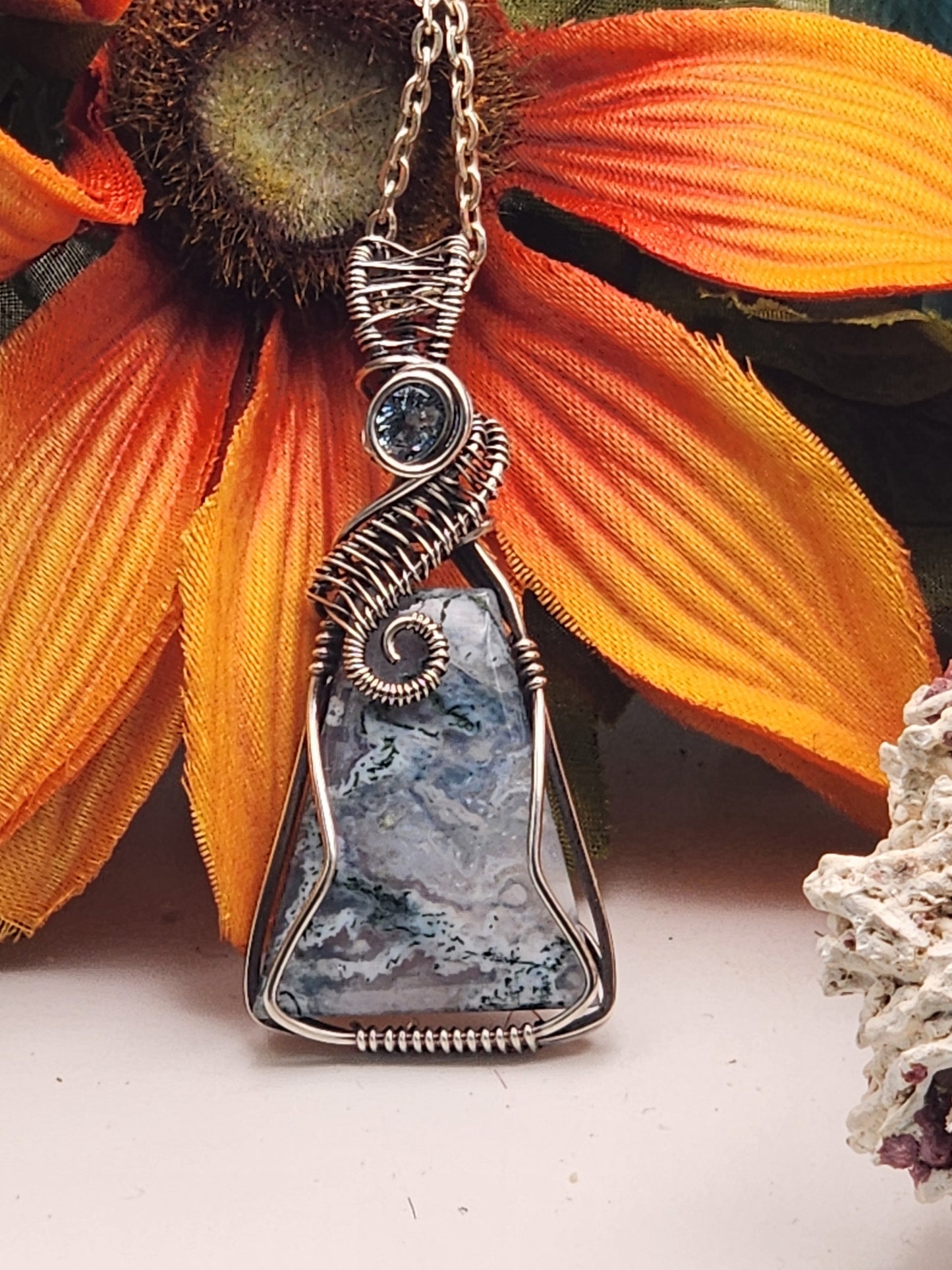 Moss Agate, Moss Agate Pendant, CZ Pendant, Moss Agate Jewelry, Sterling Silver, Sterling Silver Pendant