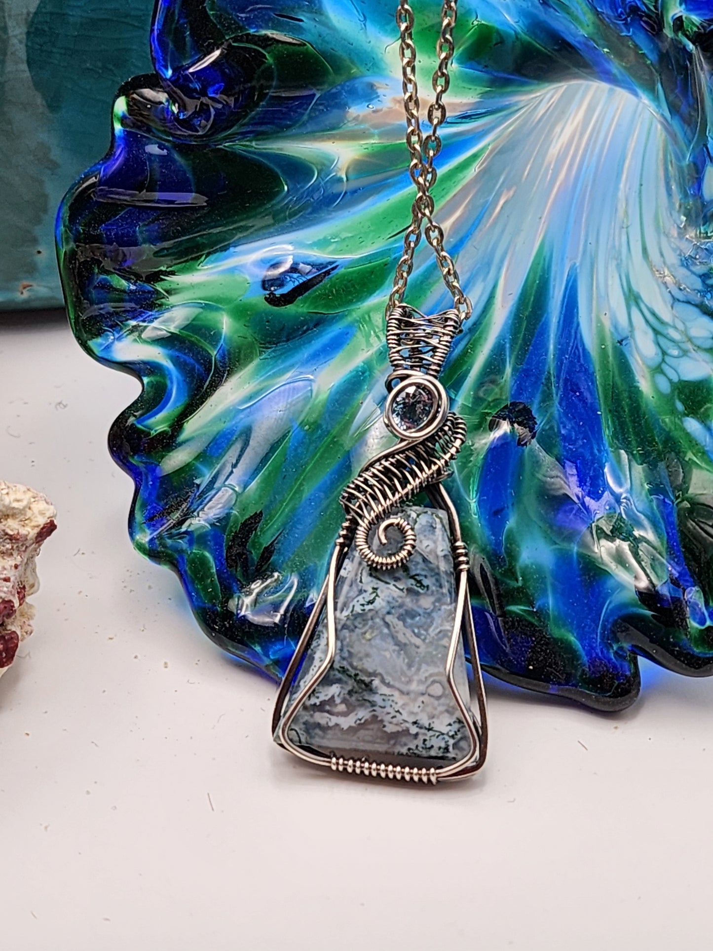 Moss Agate, Moss Agate Pendant, CZ Pendant, Moss Agate Jewelry, Sterling Silver, Sterling Silver Pendant