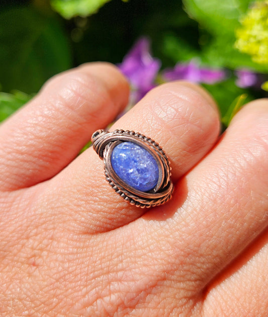 Handmade wire wrapped tanzanite gemstone ring in antiqued copper