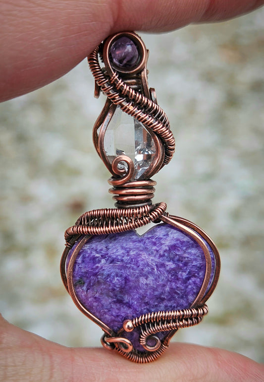 Wire wrapped charoite heart pendant with herkimer diamond in raw copper wire