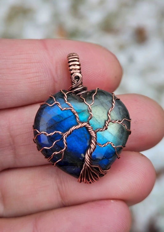 Wire wrapped flashy tree of life labradorite heart pendant in raw copper wire