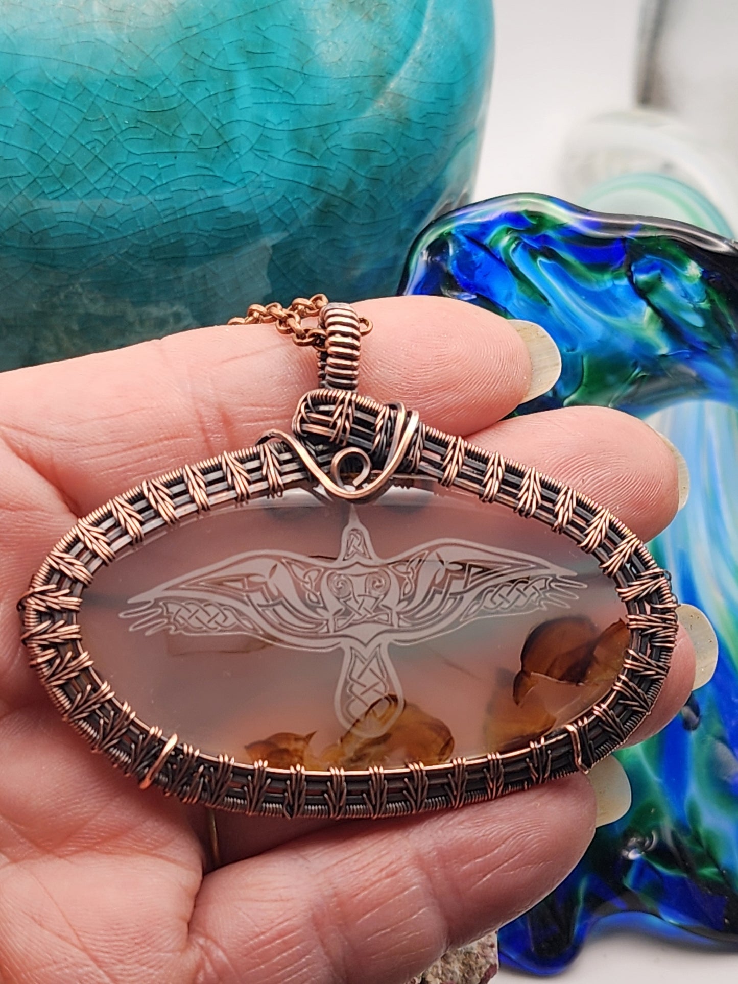 Montana Agate, Engraved Montana Agate, Raven Engraved, Laser Engraving, Agate Pendant, Agate Jewelry, Wire Wrap Pendant