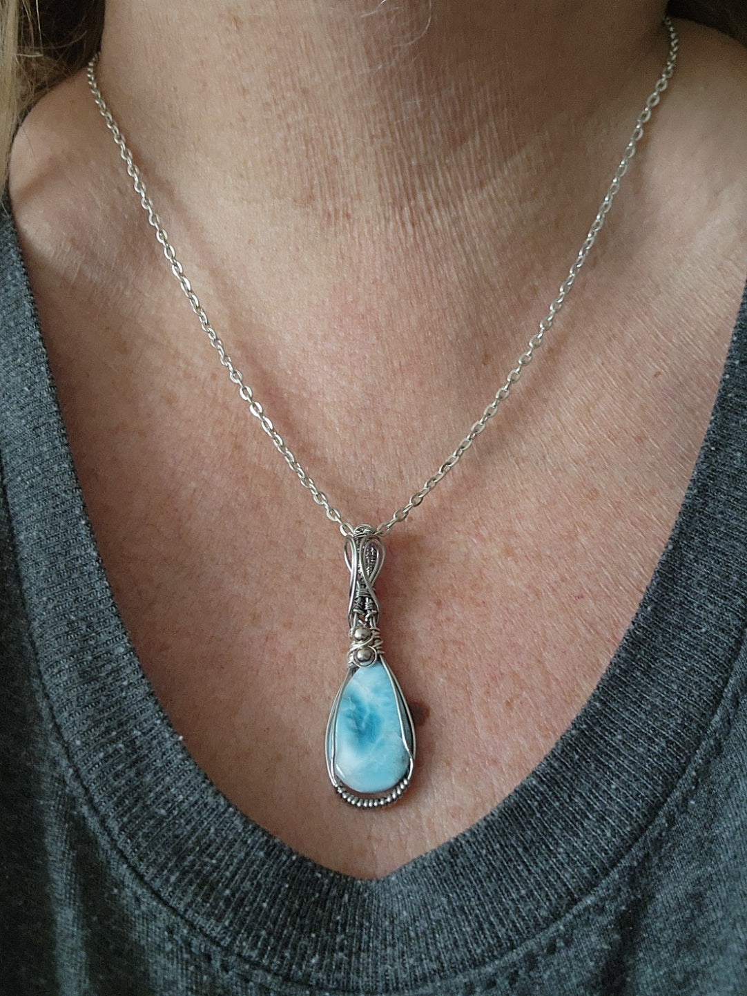 Larimar, Larimar pendant, Larimar Jewelry, Stainless steel Pendant, Stainless Steel Jewelry, Silver Jewelry, Wire Wrap Pendant