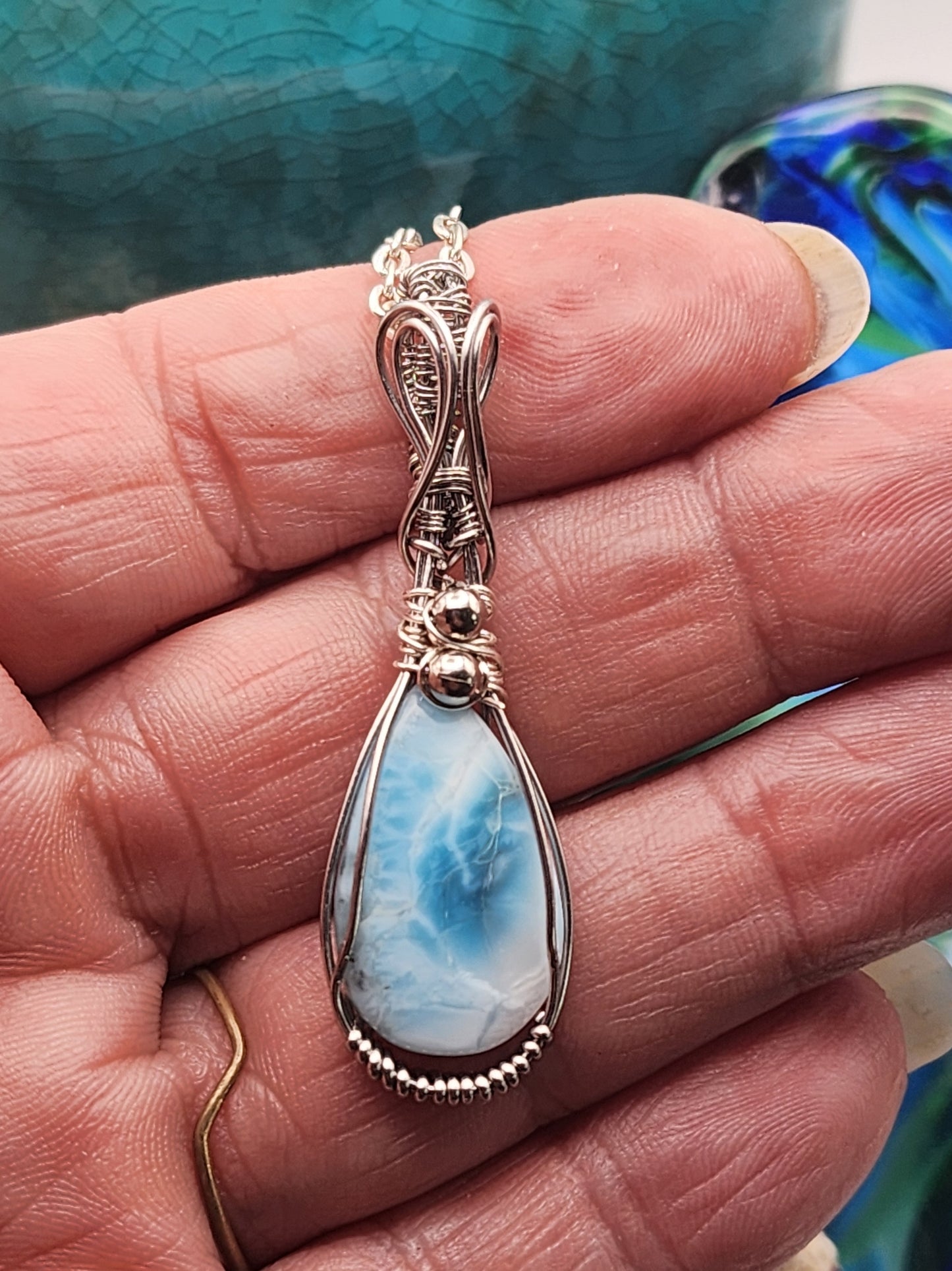 Larimar, Larimar pendant, Larimar Jewelry, Stainless steel Pendant, Stainless Steel Jewelry, Silver Jewelry, Wire Wrap Pendant