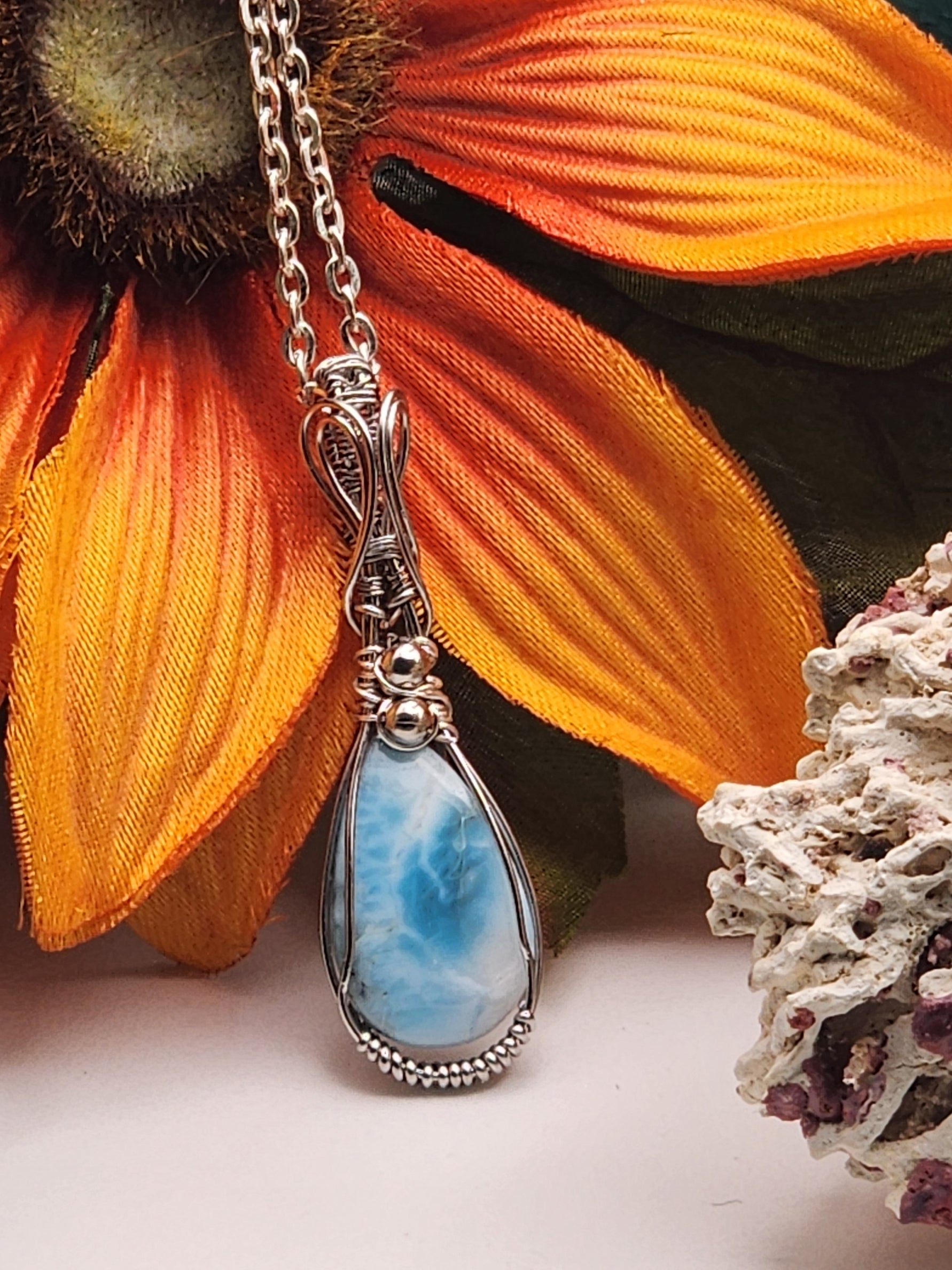 Larimar, Larimar pendant, Larimar Jewelry, Stainless steel Pendant, Stainless Steel Jewelry, Silver Jewelry, Wire Wrap Pendant