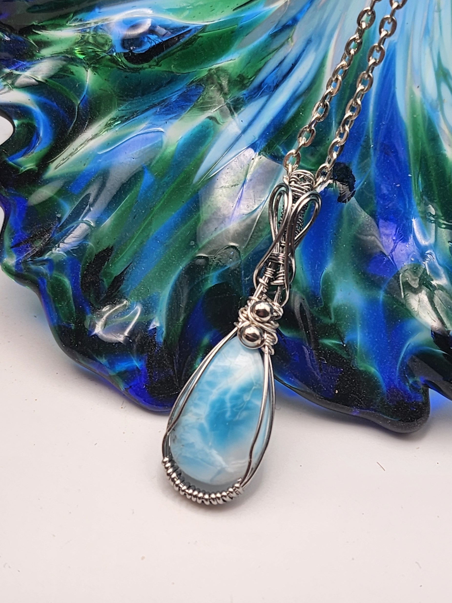 Larimar, Larimar pendant, Larimar Jewelry, Stainless steel Pendant, Stainless Steel Jewelry, Silver Jewelry, Wire Wrap Pendant