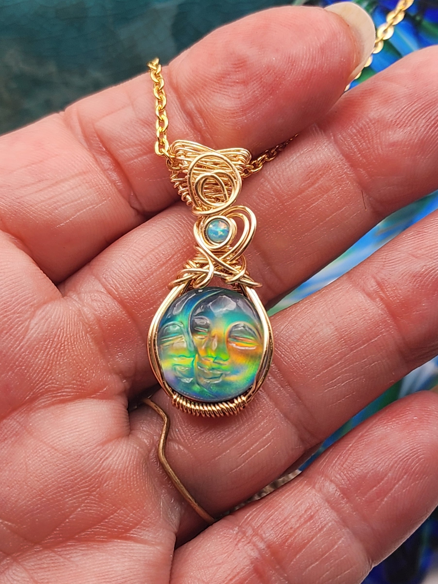 Aura Opal, Carved Moon and Sun, Carved Aura Opal, Aura Opal Pendant, Moon and Sun, Gold Wire, Wire Wrap Pendant