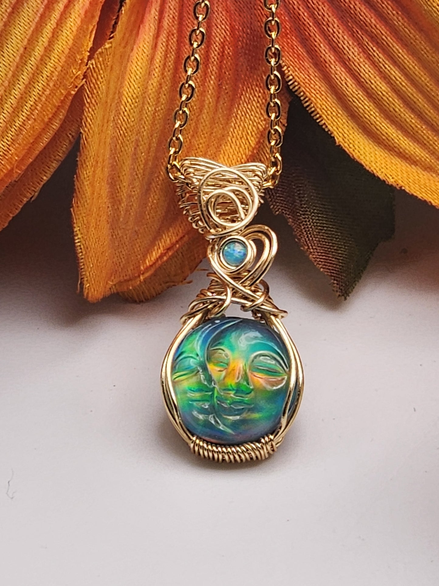 Aura Opal, Carved Moon and Sun, Carved Aura Opal, Aura Opal Pendant, Moon and Sun, Gold Wire, Wire Wrap Pendant