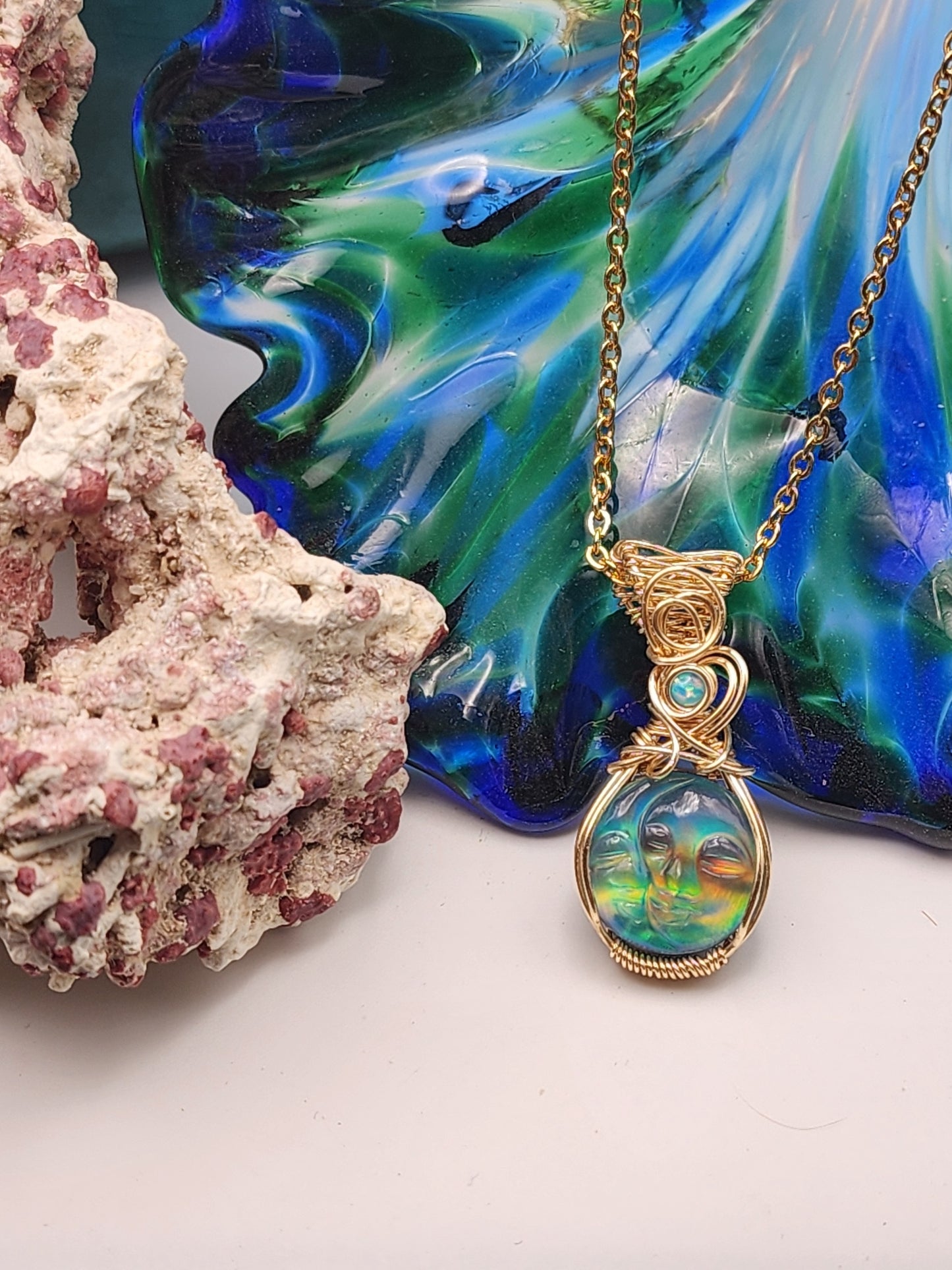 Aura Opal, Carved Moon and Sun, Carved Aura Opal, Aura Opal Pendant, Moon and Sun, Gold Wire, Wire Wrap Pendant