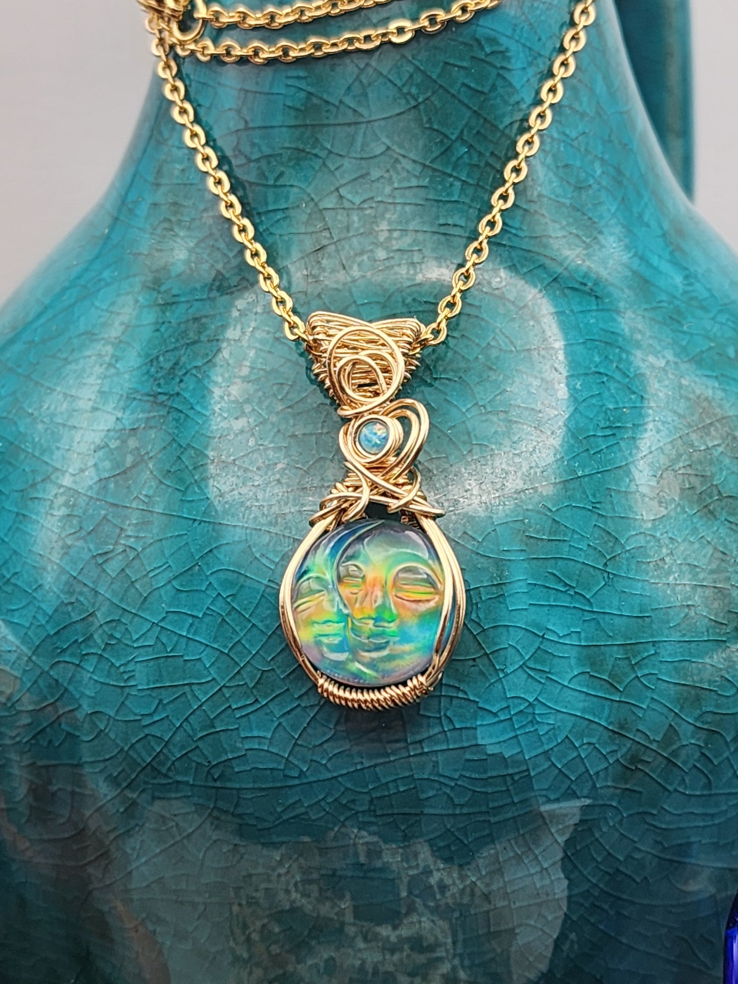 Aura Opal, Carved Moon and Sun, Carved Aura Opal, Aura Opal Pendant, Moon and Sun, Gold Wire, Wire Wrap Pendant