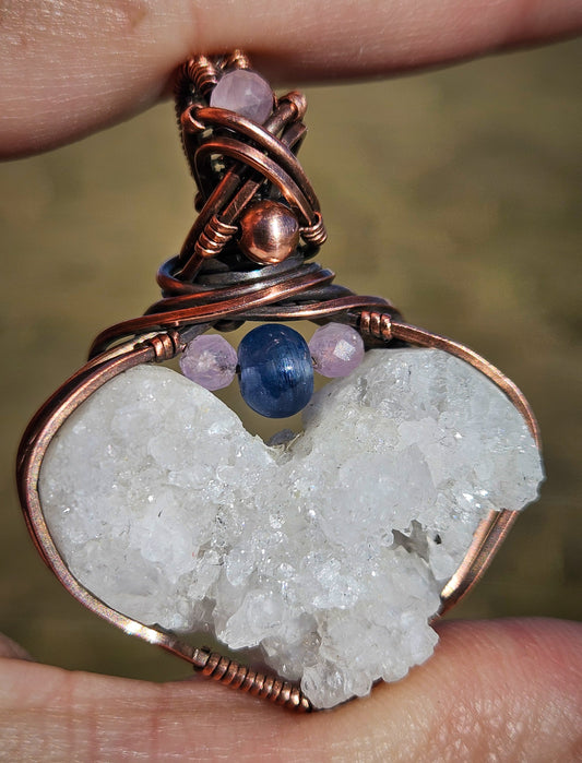 Handmade wire wrapped druzy quartz heart pendant in raw copper wire