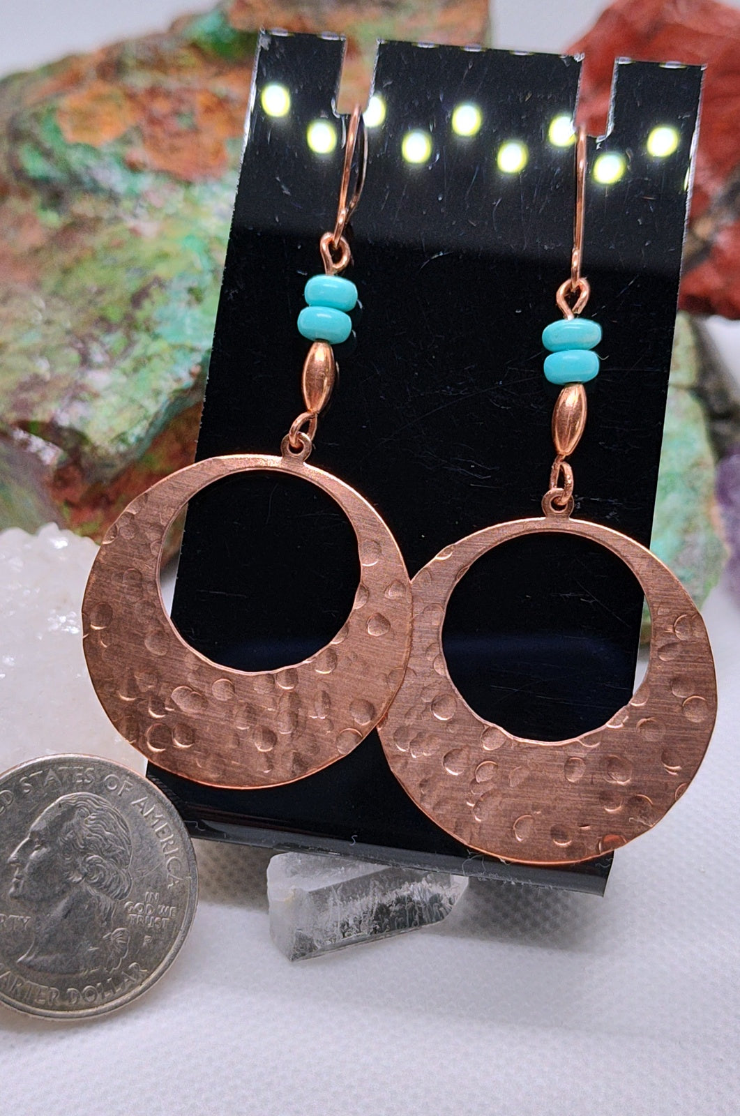 shiny copper earrings with turquoise beads