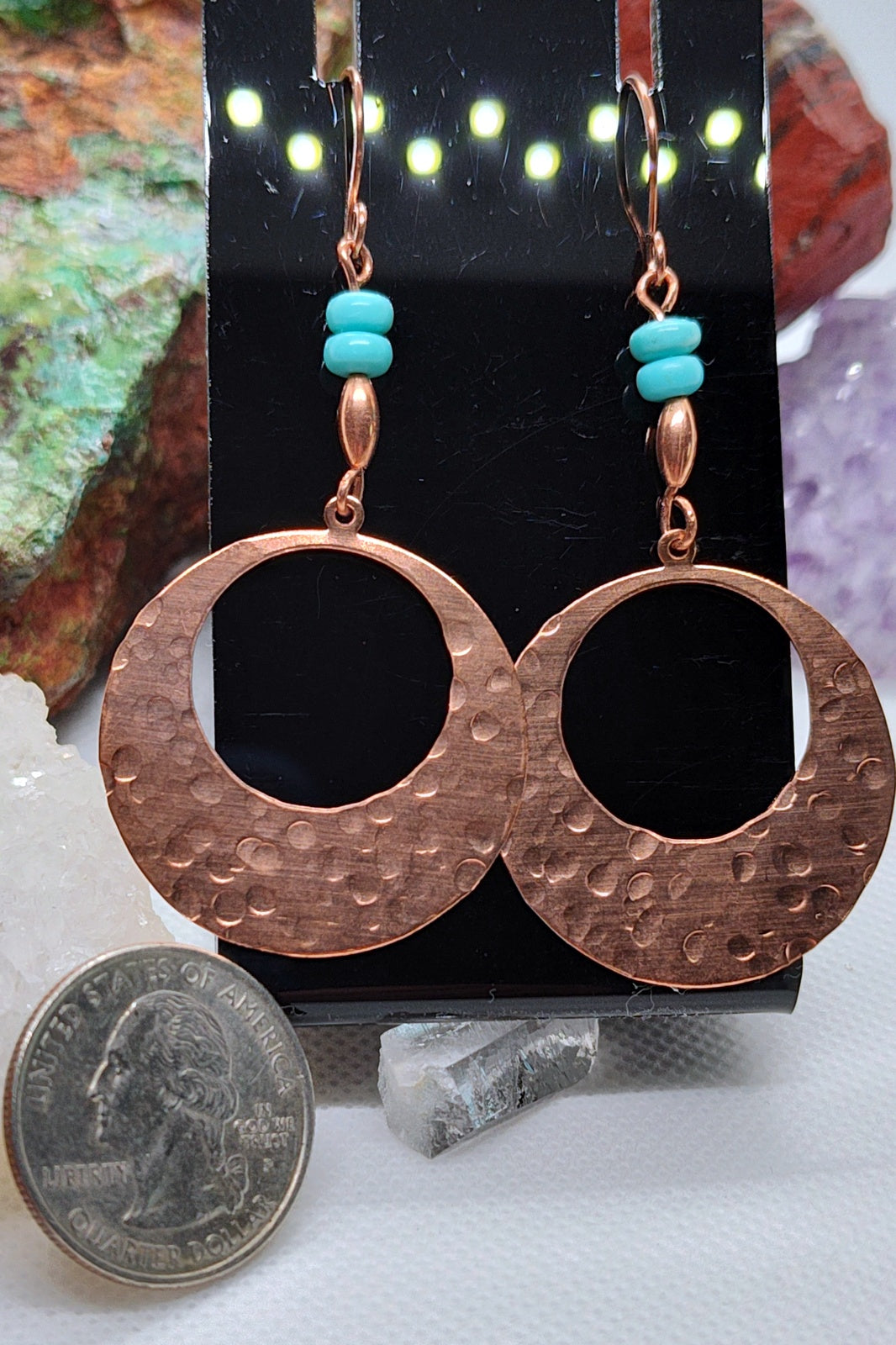 shiny copper earrings with turquoise beads
