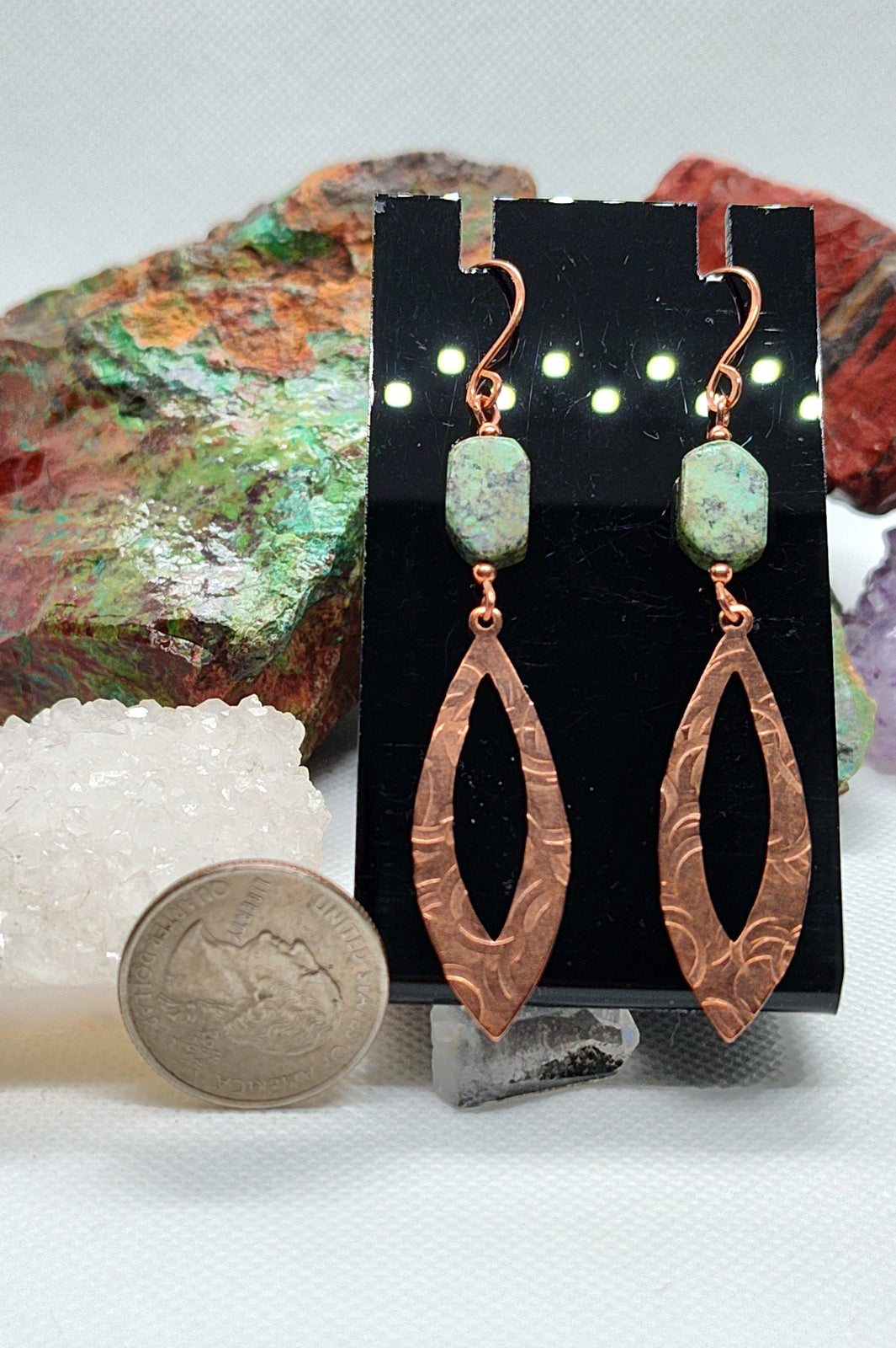 shiny copper drop earrings with African turquoise beads