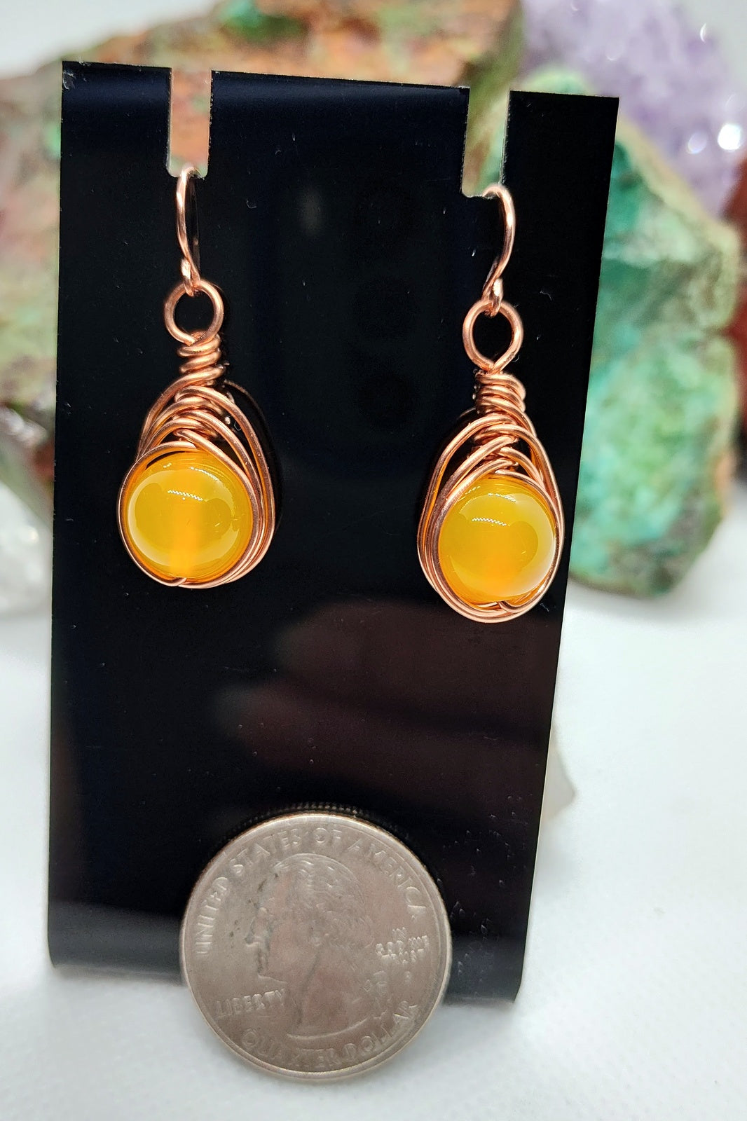 herringbone earrings in bare copper with yellow agate beads
