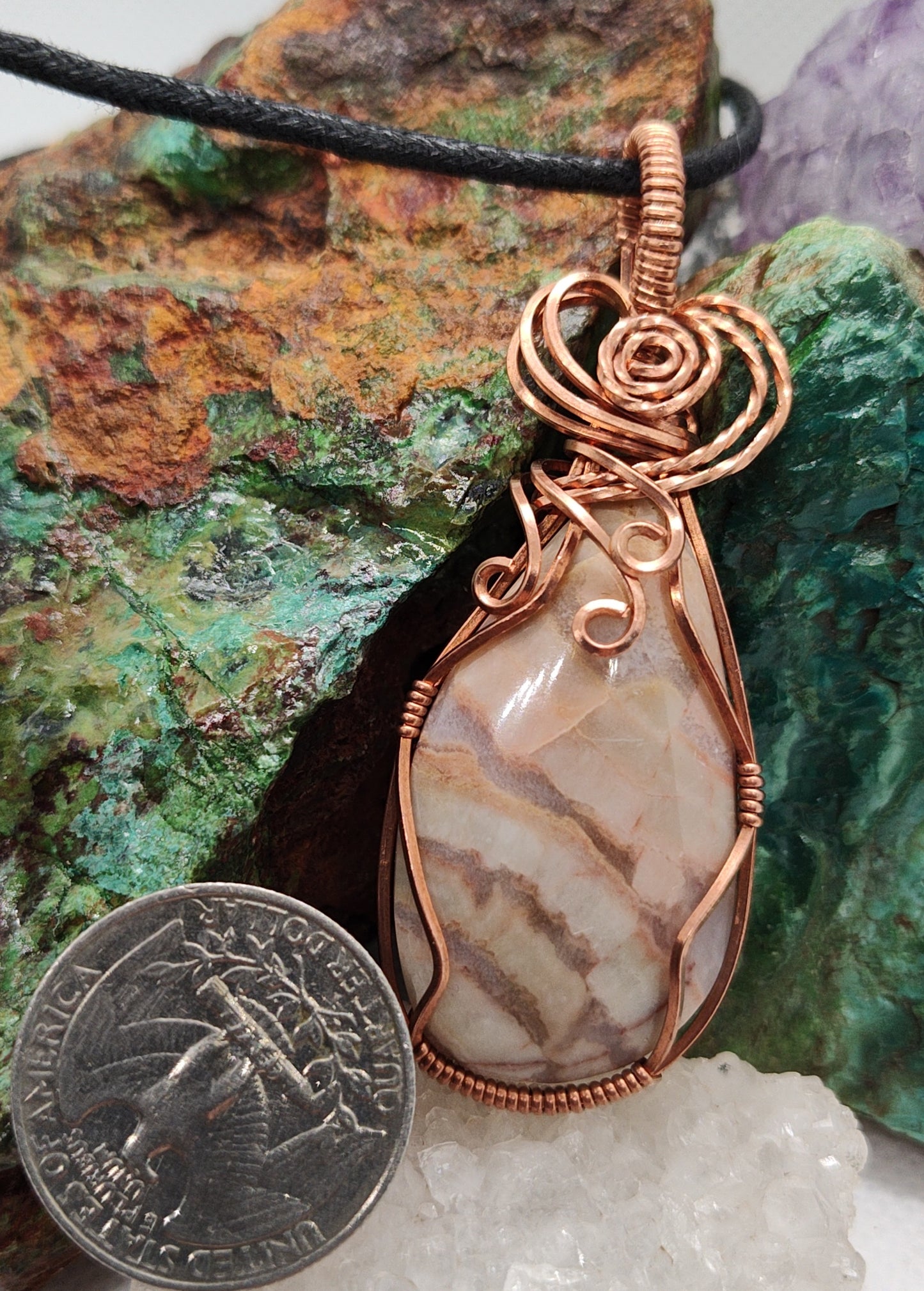 peach colored burro creek agate in copper wire