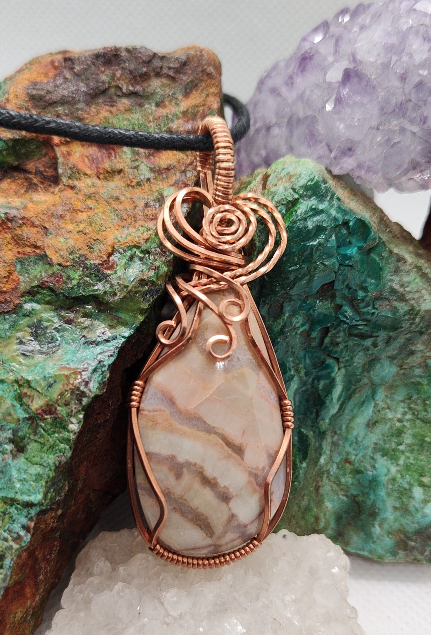 peach colored burro creek agate in copper wire