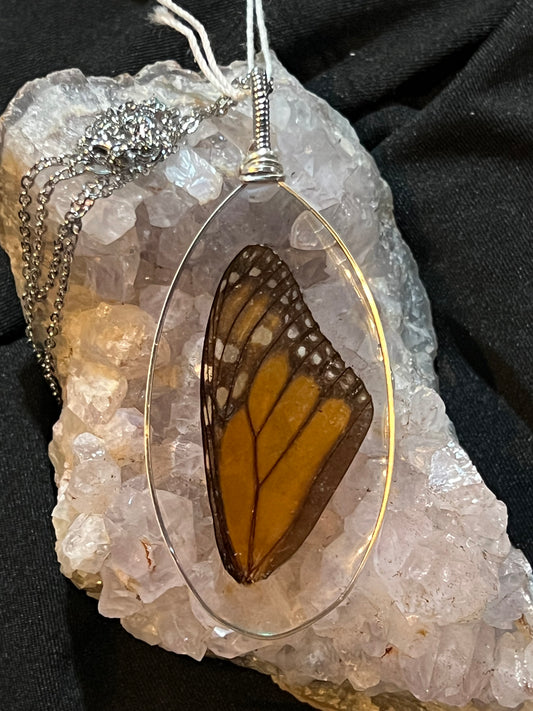 Wire Wrapped Butterfly Wing in UV Resin Necklace